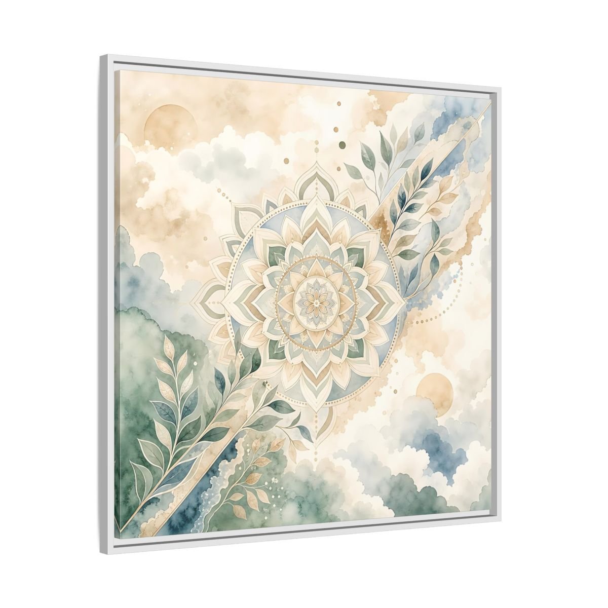Nature Mandala Green Beige Framed Canvas Print Wall Art – Watercolor Living Room, Above Console Table - YesArtYes
