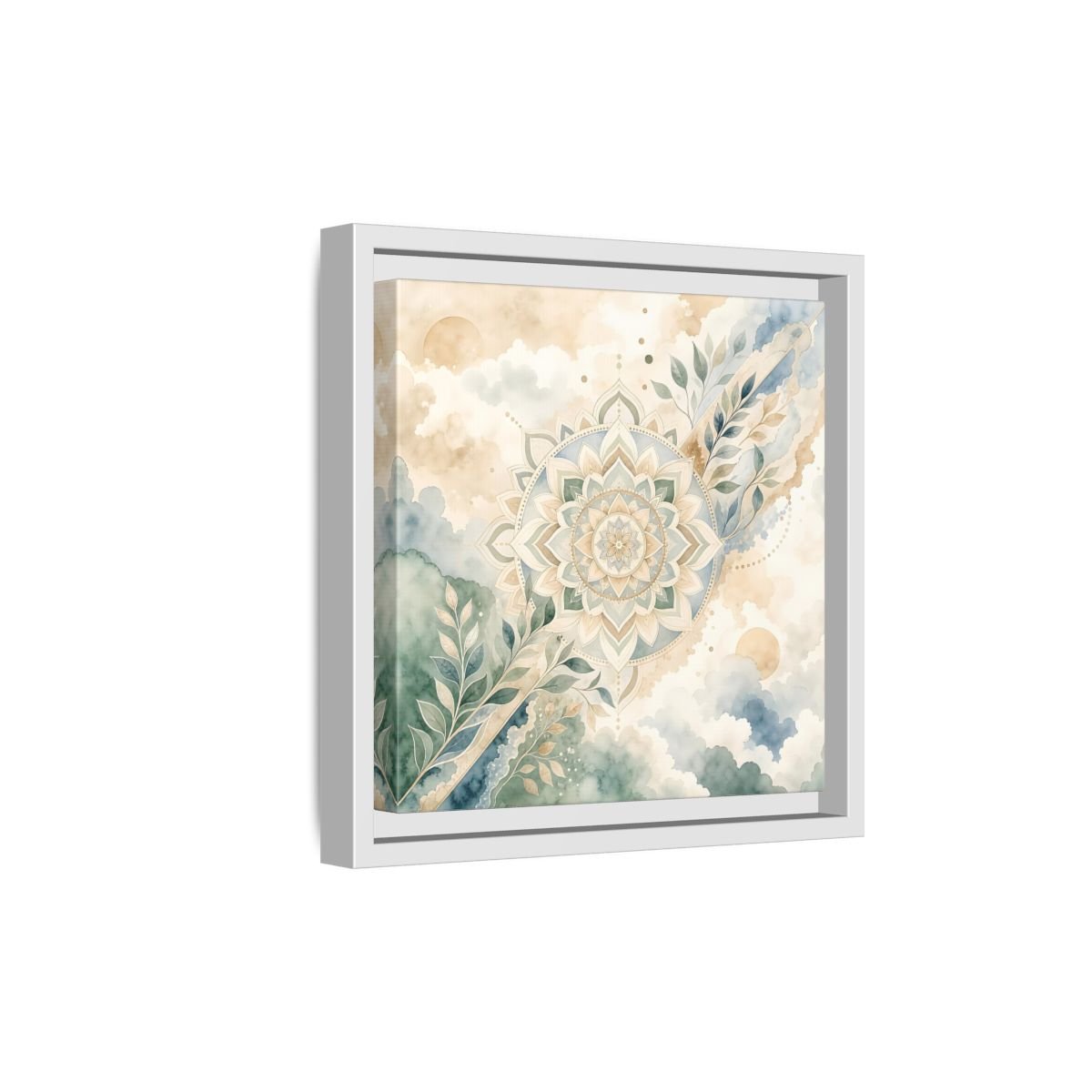 Nature Mandala Green Beige Framed Canvas Print Wall Art – Watercolor Living Room, Above Console Table - YesArtYes