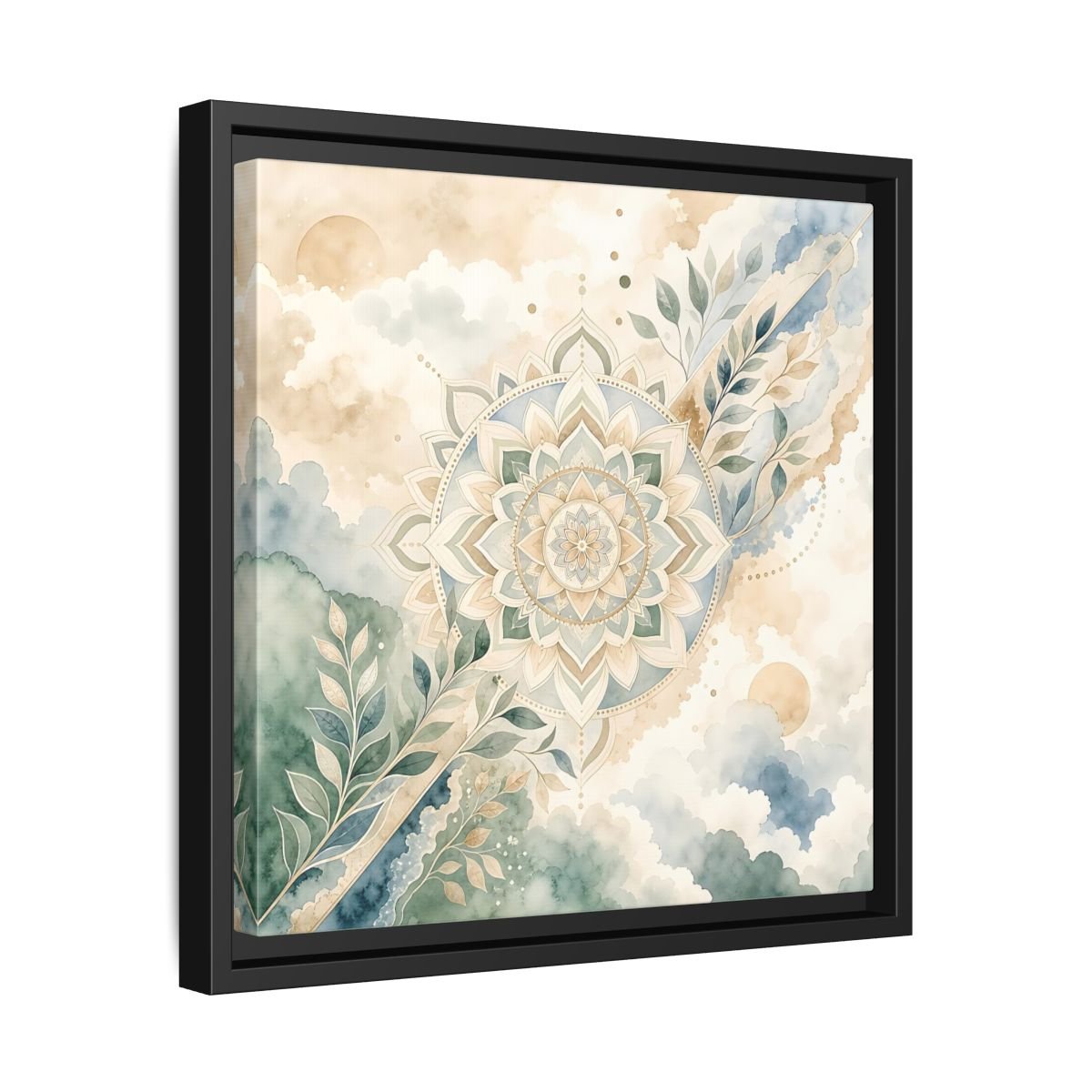 Nature Mandala Green Beige Framed Canvas Print Wall Art – Watercolor Living Room, Above Console Table - YesArtYes