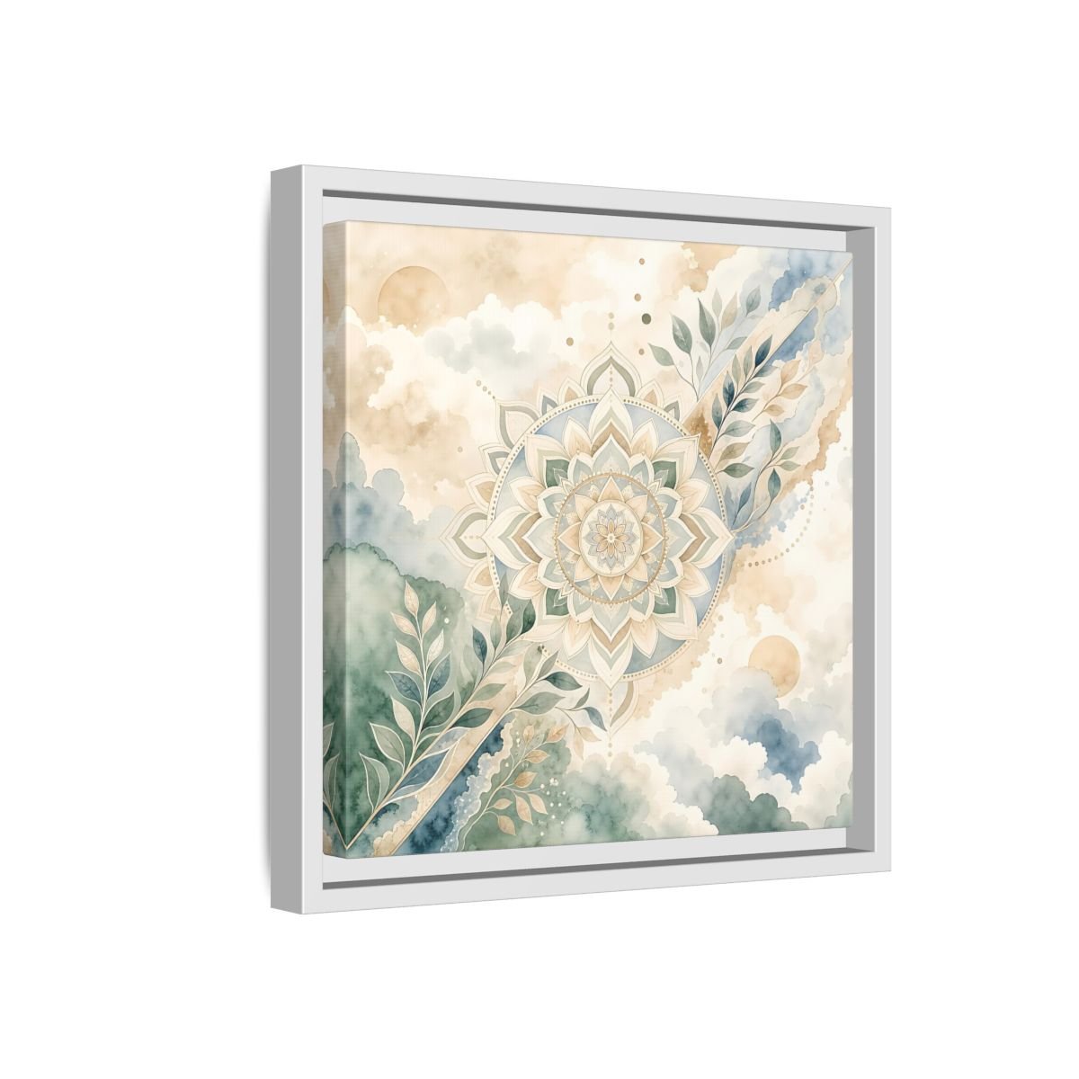 Nature Mandala Green Beige Framed Canvas Print Wall Art – Watercolor Living Room, Above Console Table - YesArtYes
