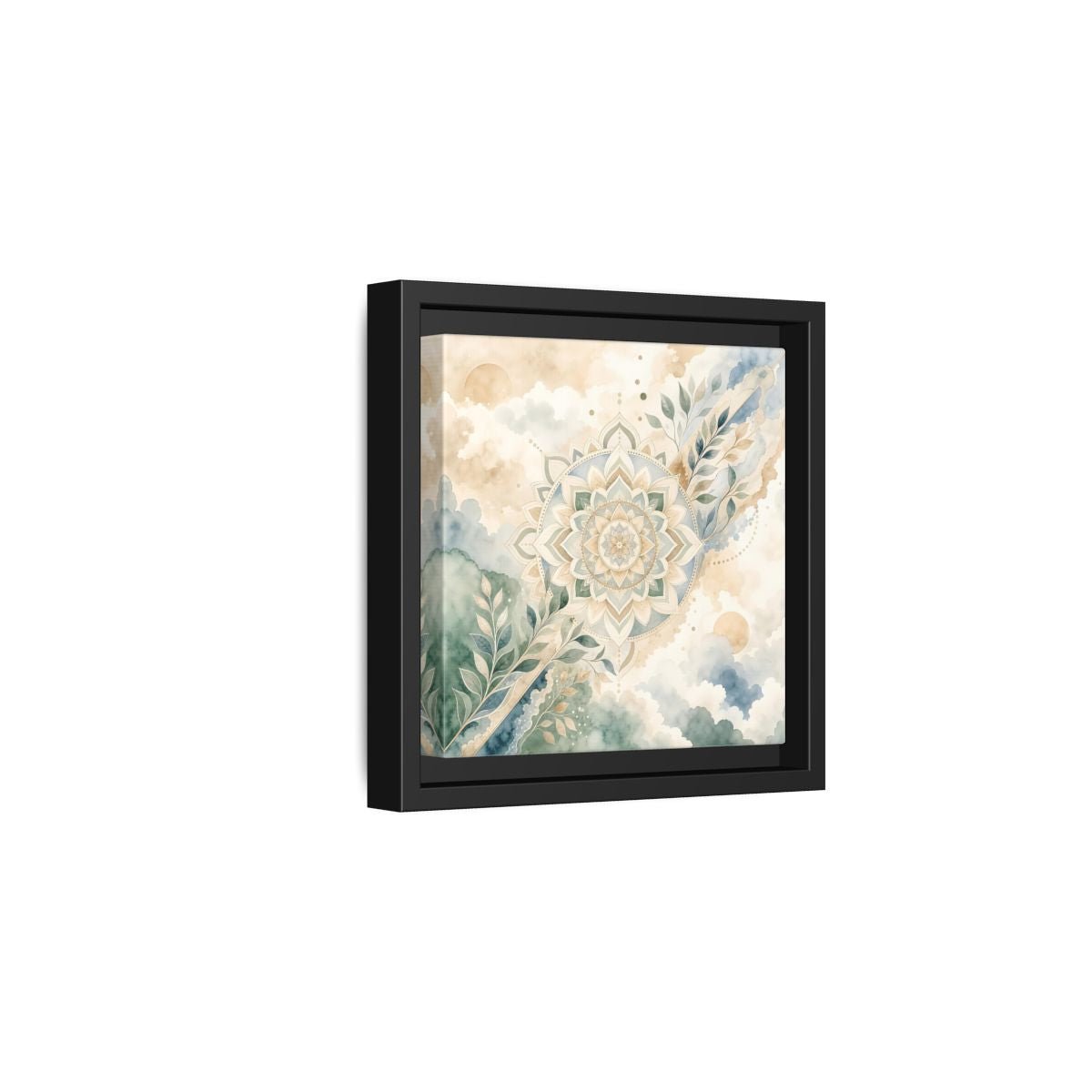 Nature Mandala Green Beige Framed Canvas Print Wall Art – Watercolor Living Room, Above Console Table - YesArtYes