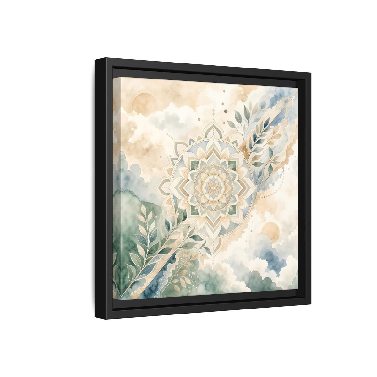 Nature Mandala Green Beige Framed Canvas Print Wall Art – Watercolor Living Room, Above Console Table - YesArtYes