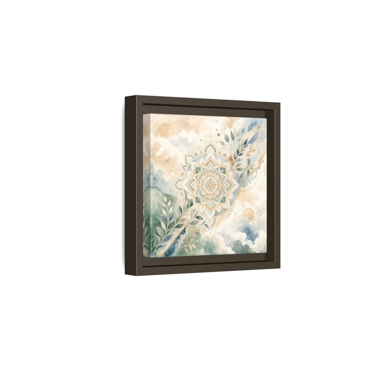 Nature Mandala Green Beige Framed Canvas Print Wall Art – Watercolor Living Room, Above Console Table - YesArtYes