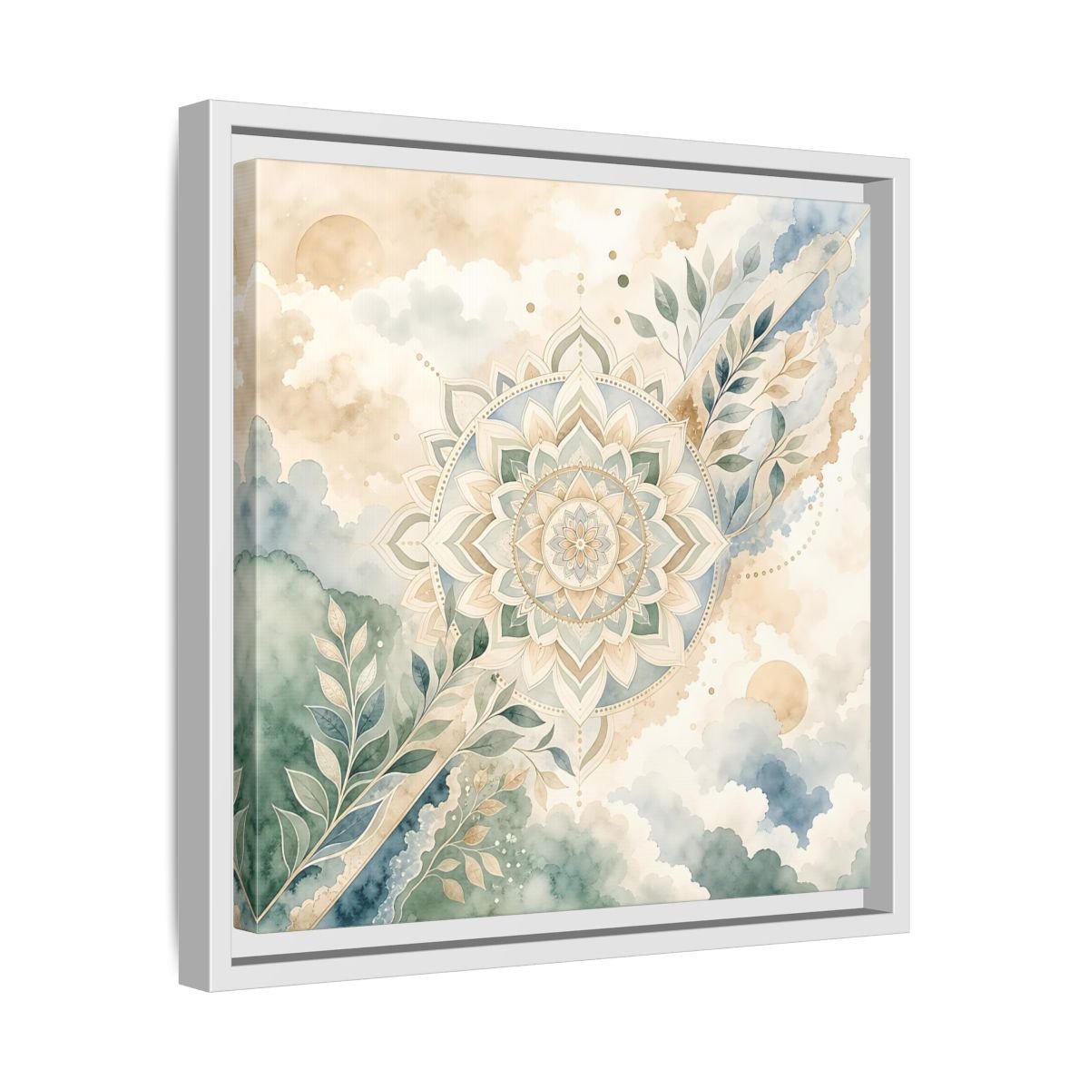 Nature Mandala Green Beige Framed Canvas Print Wall Art – Watercolor Living Room, Above Console Table - YesArtYes