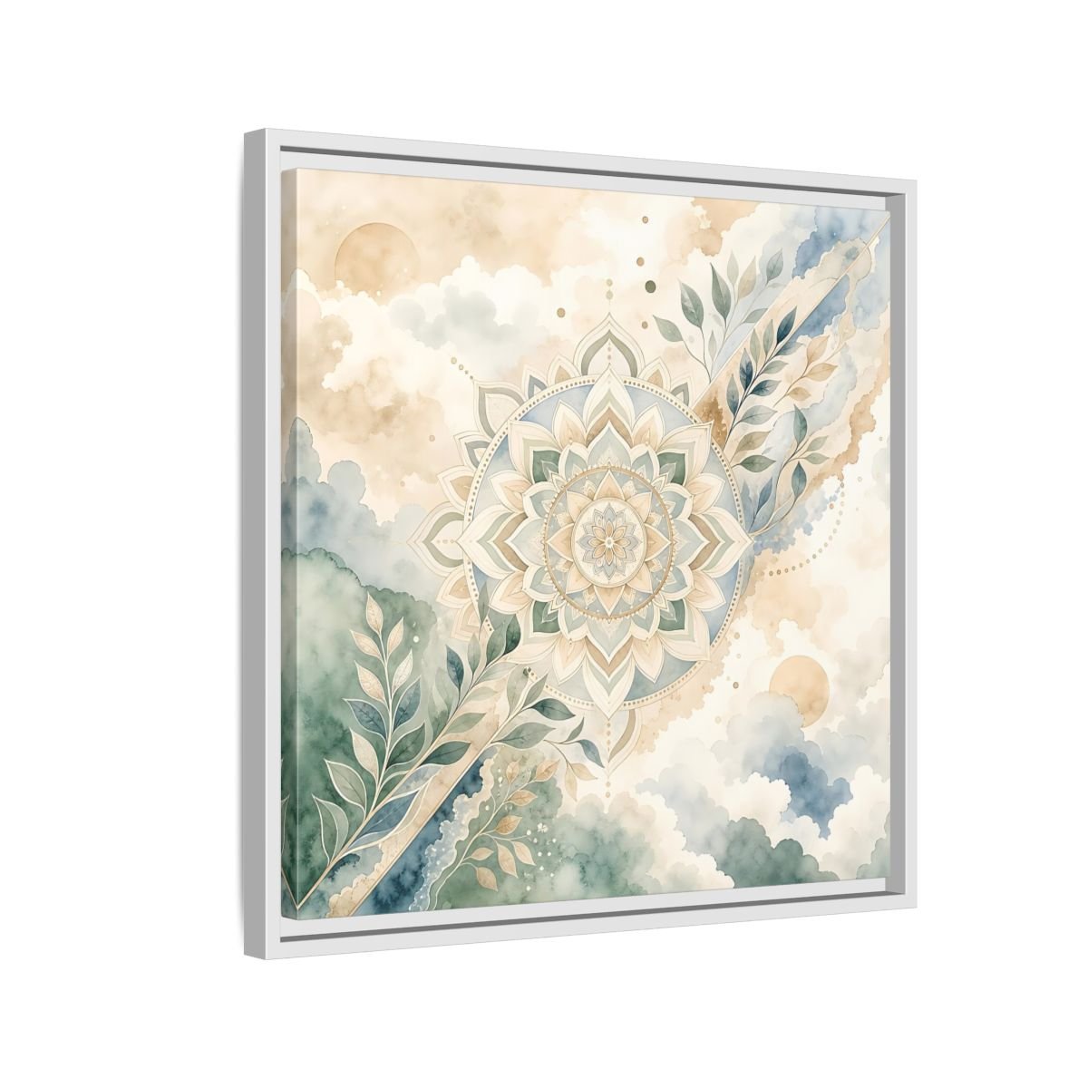 Nature Mandala Green Beige Framed Canvas Print Wall Art – Watercolor Living Room, Above Console Table - YesArtYes