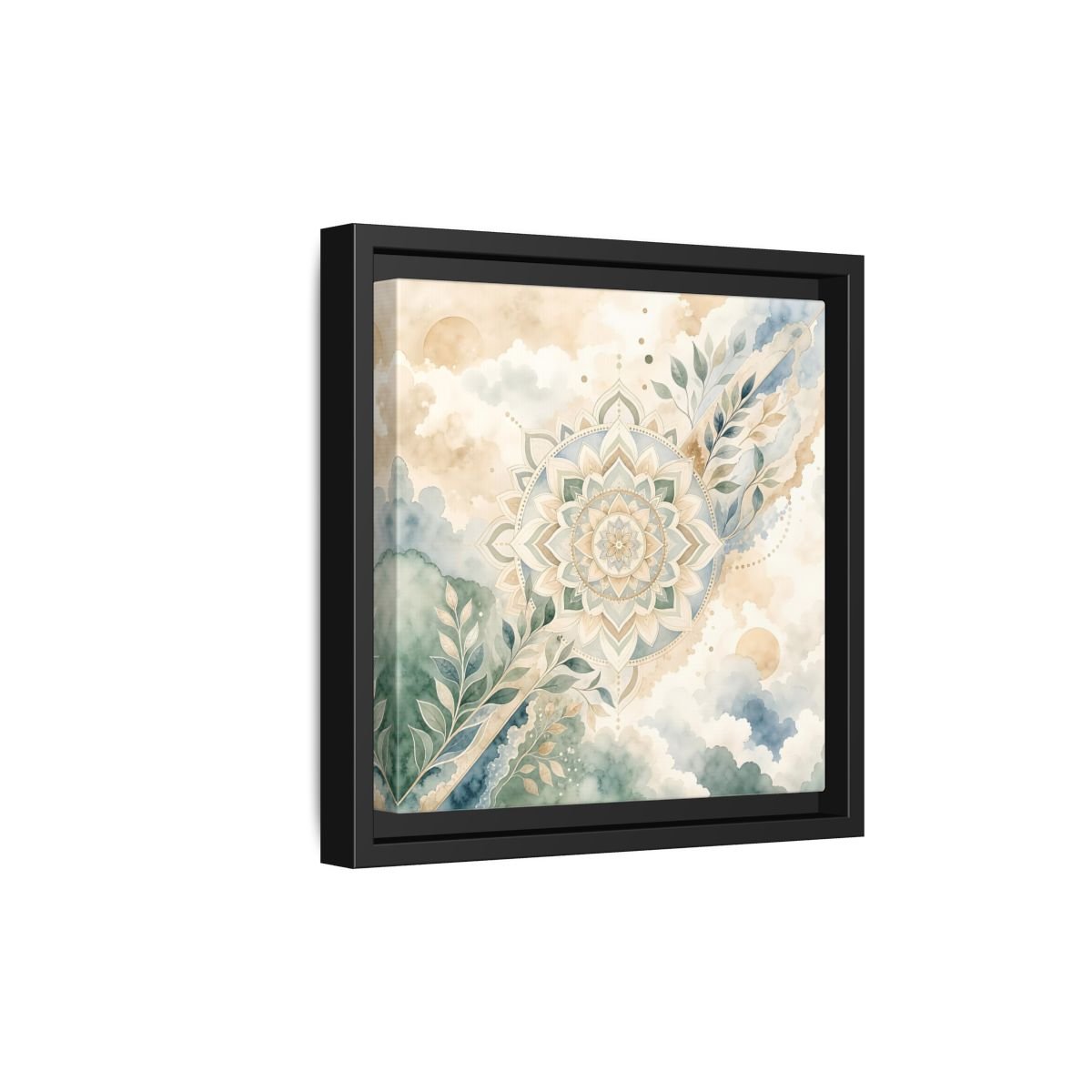 Nature Mandala Green Beige Framed Canvas Print Wall Art – Watercolor Living Room, Above Console Table - YesArtYes
