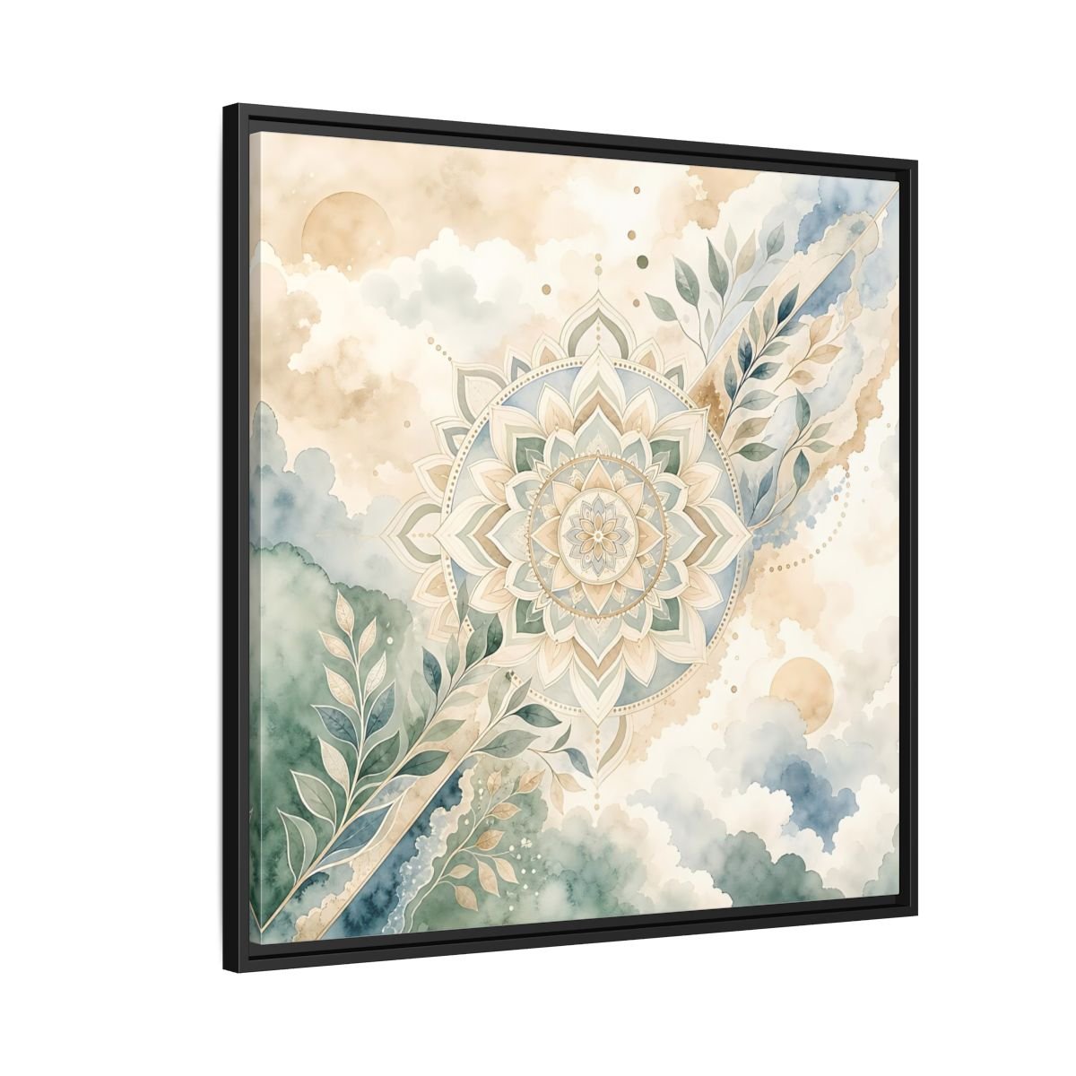 Nature Mandala Green Beige Framed Canvas Print Wall Art – Watercolor Living Room, Above Console Table - YesArtYes