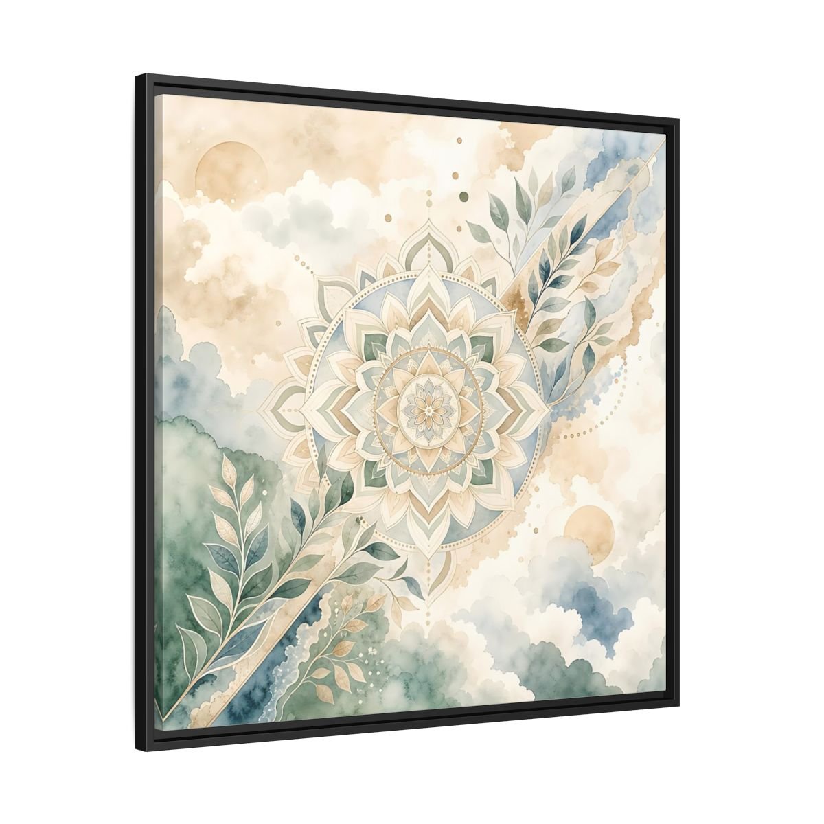 Nature Mandala Green Beige Framed Canvas Print Wall Art – Watercolor Living Room, Above Console Table - YesArtYes