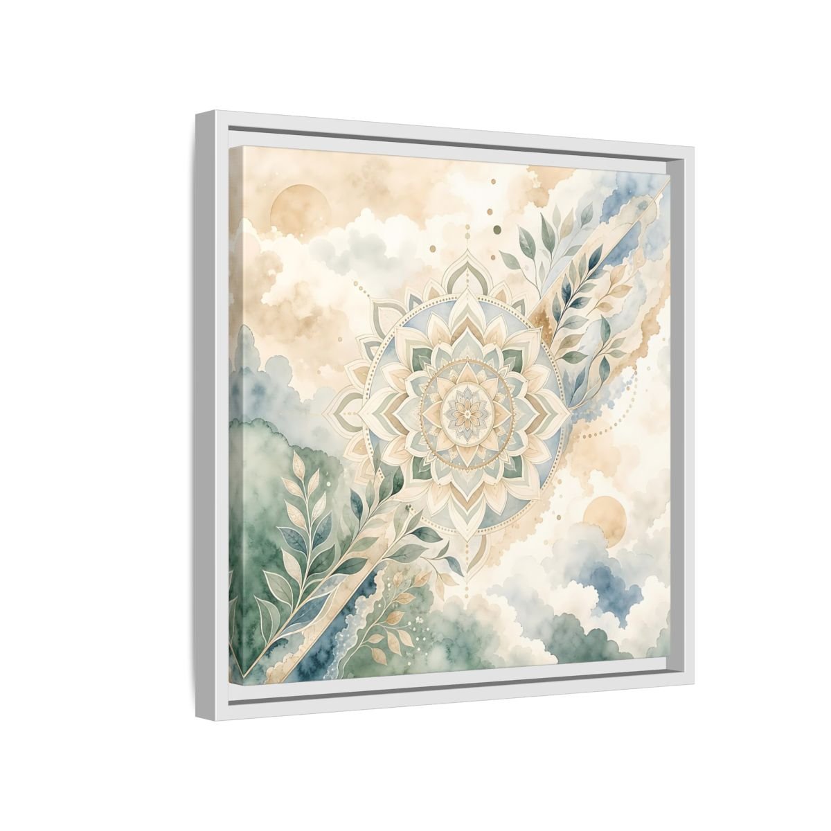 Nature Mandala Green Beige Framed Canvas Print Wall Art – Watercolor Living Room, Above Console Table - YesArtYes