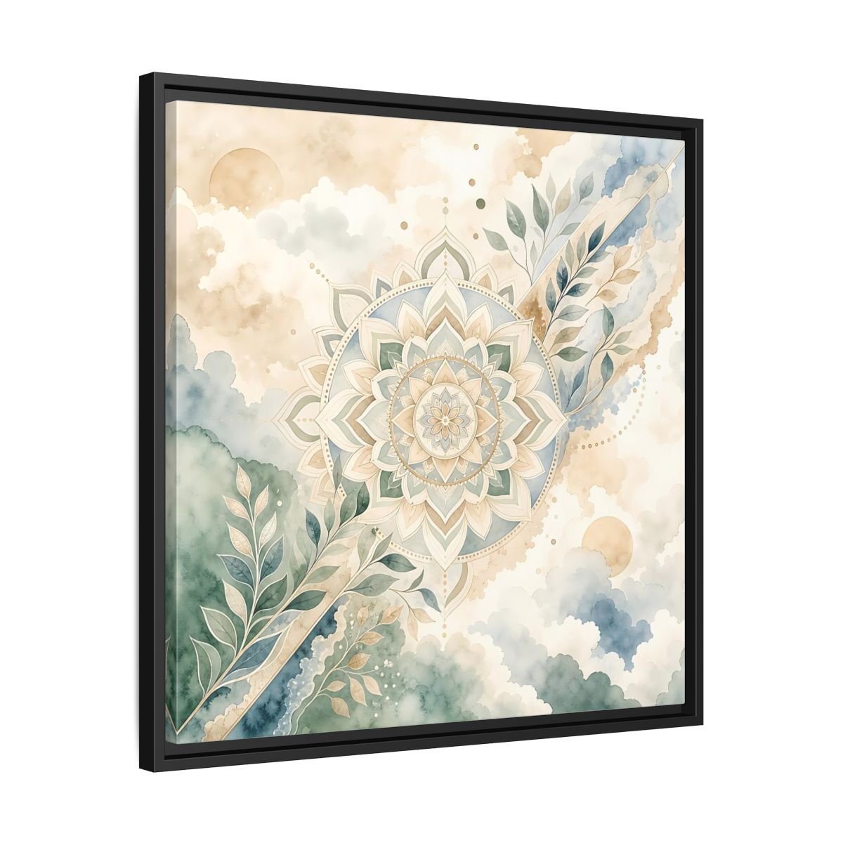 Nature Mandala Green Beige Framed Canvas Print Wall Art – Watercolor Living Room, Above Console Table - YesArtYes
