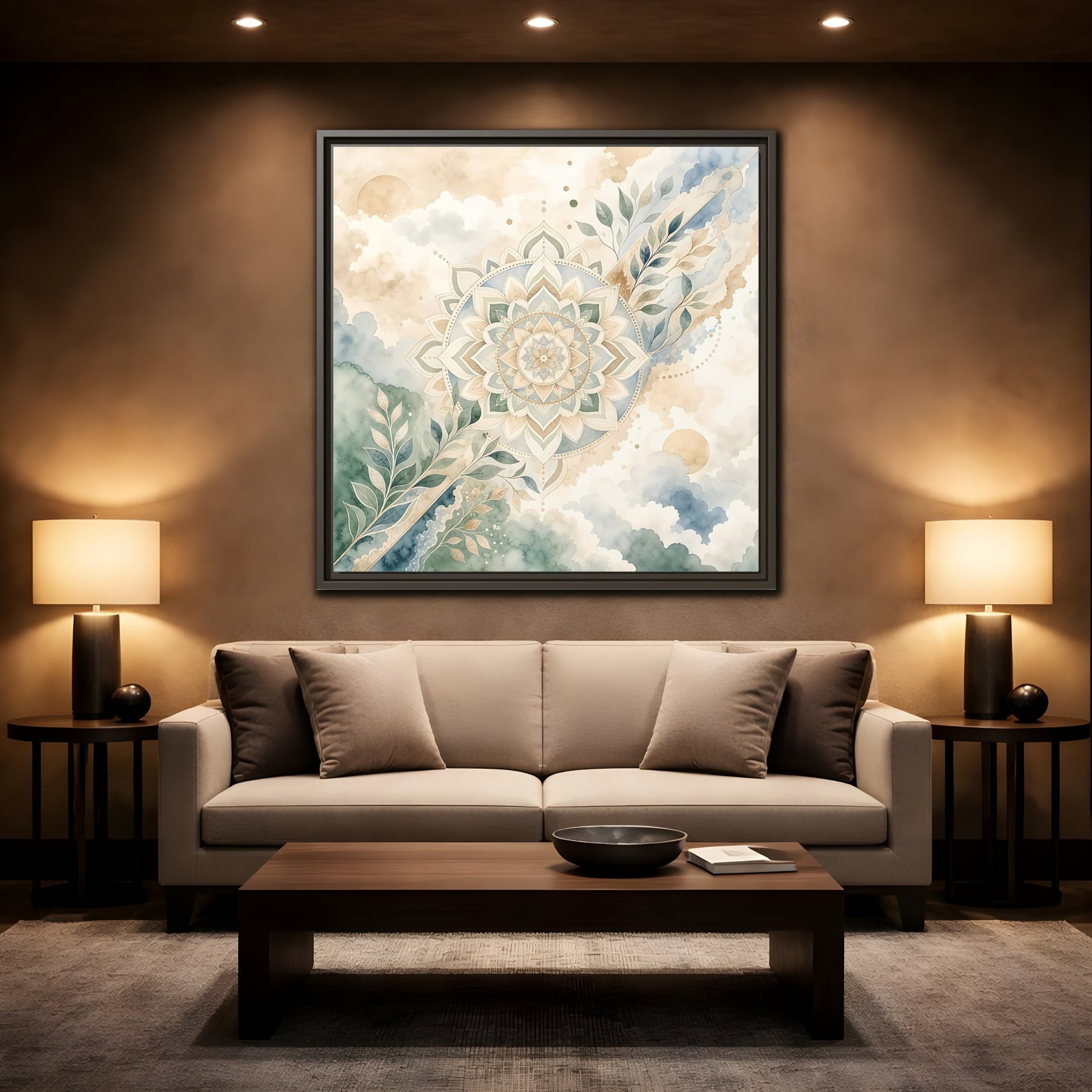 Mockup 2. Nature Mandala Green Beige Mandala shown as framed canvas print