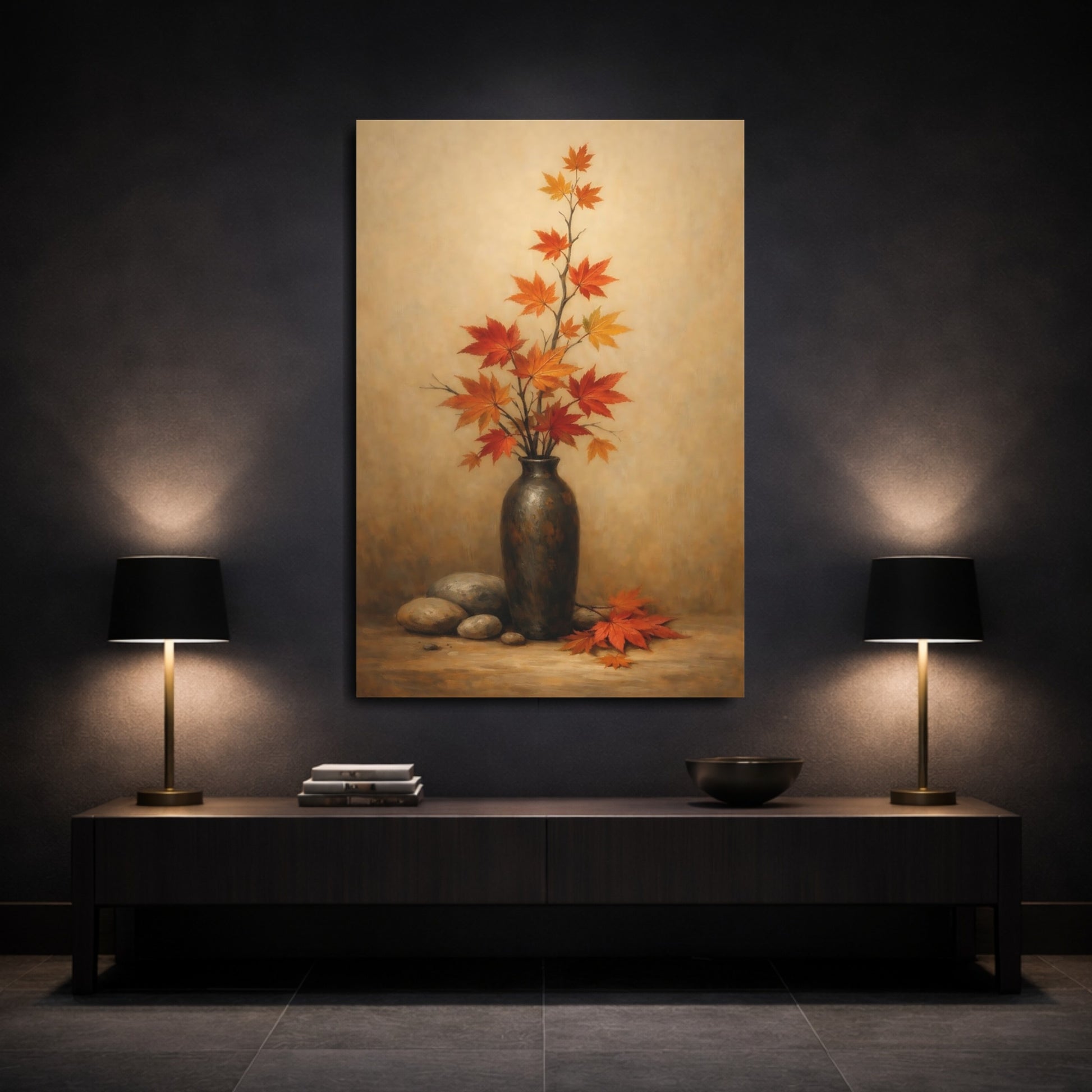 Mockup 2. Nature Maple Leaves Autumn Maple Leaves shown as stretched canvas wall art