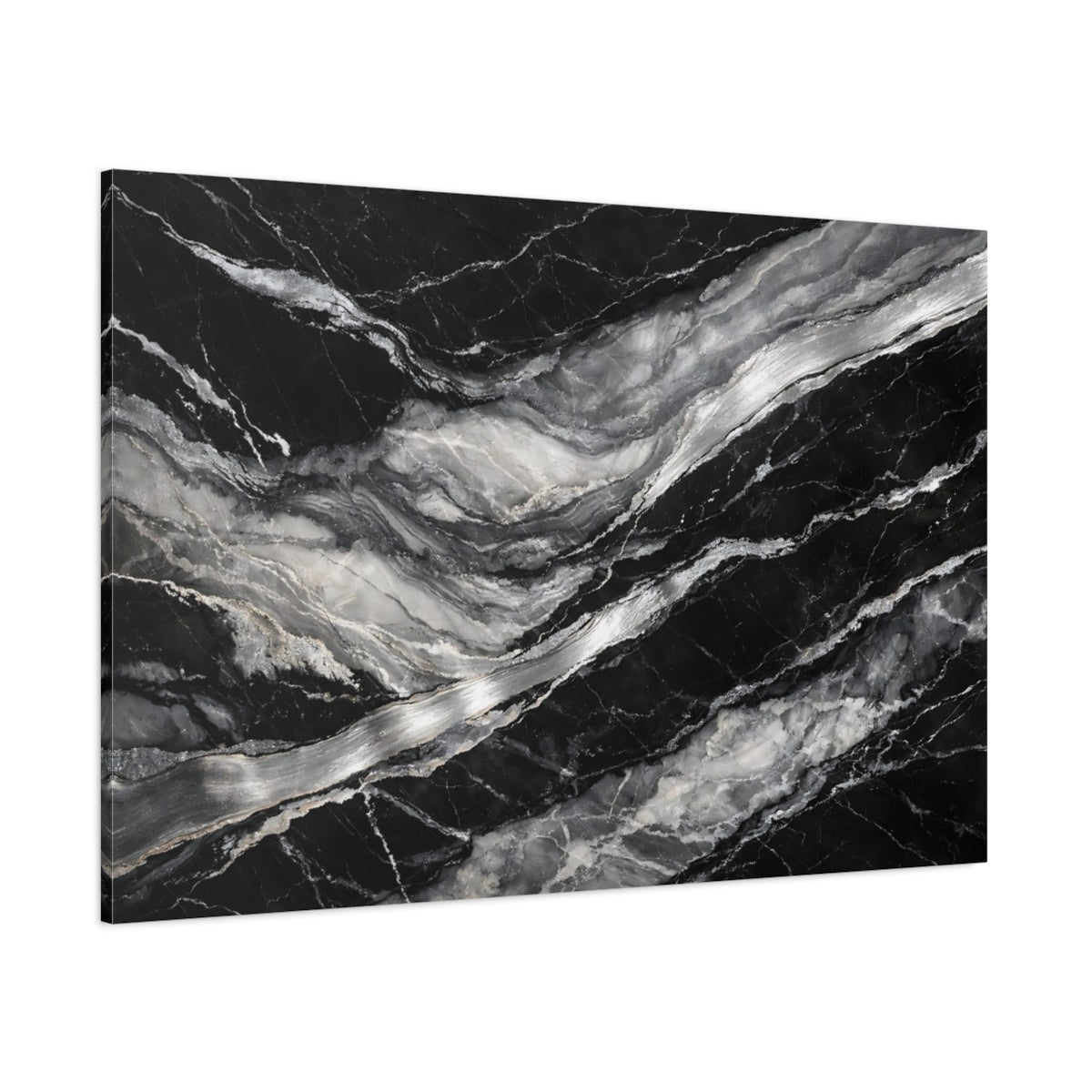 Main Mockup. Nature Marble Black And White Marble shown as stretched canvas wall art