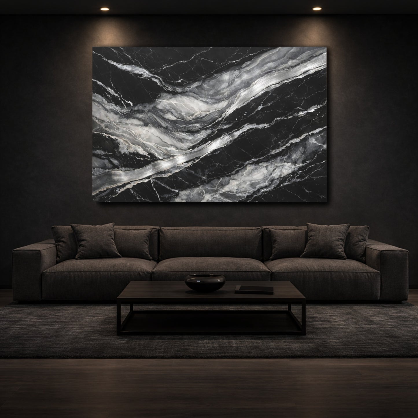 Mockup 2. Nature Marble Black And White Marble shown as stretched canvas wall art