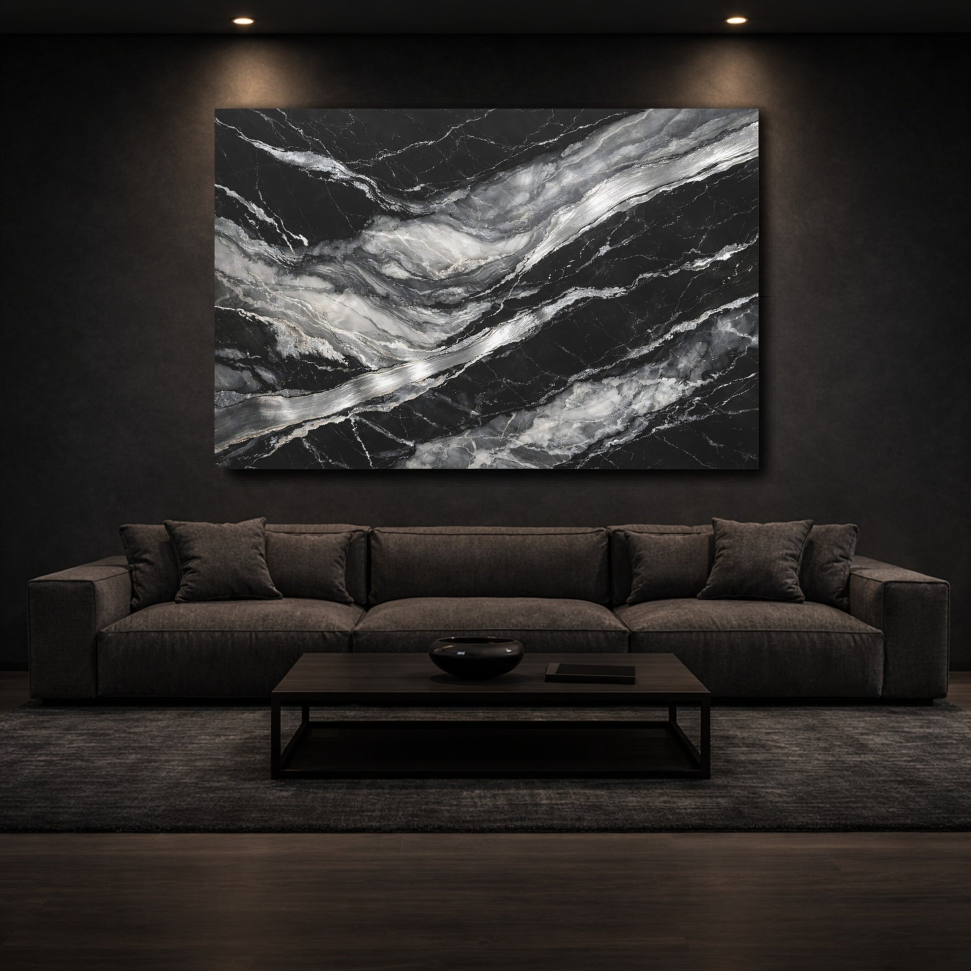 Mockup 2. Nature Marble Black And White Marble shown as stretched canvas wall art