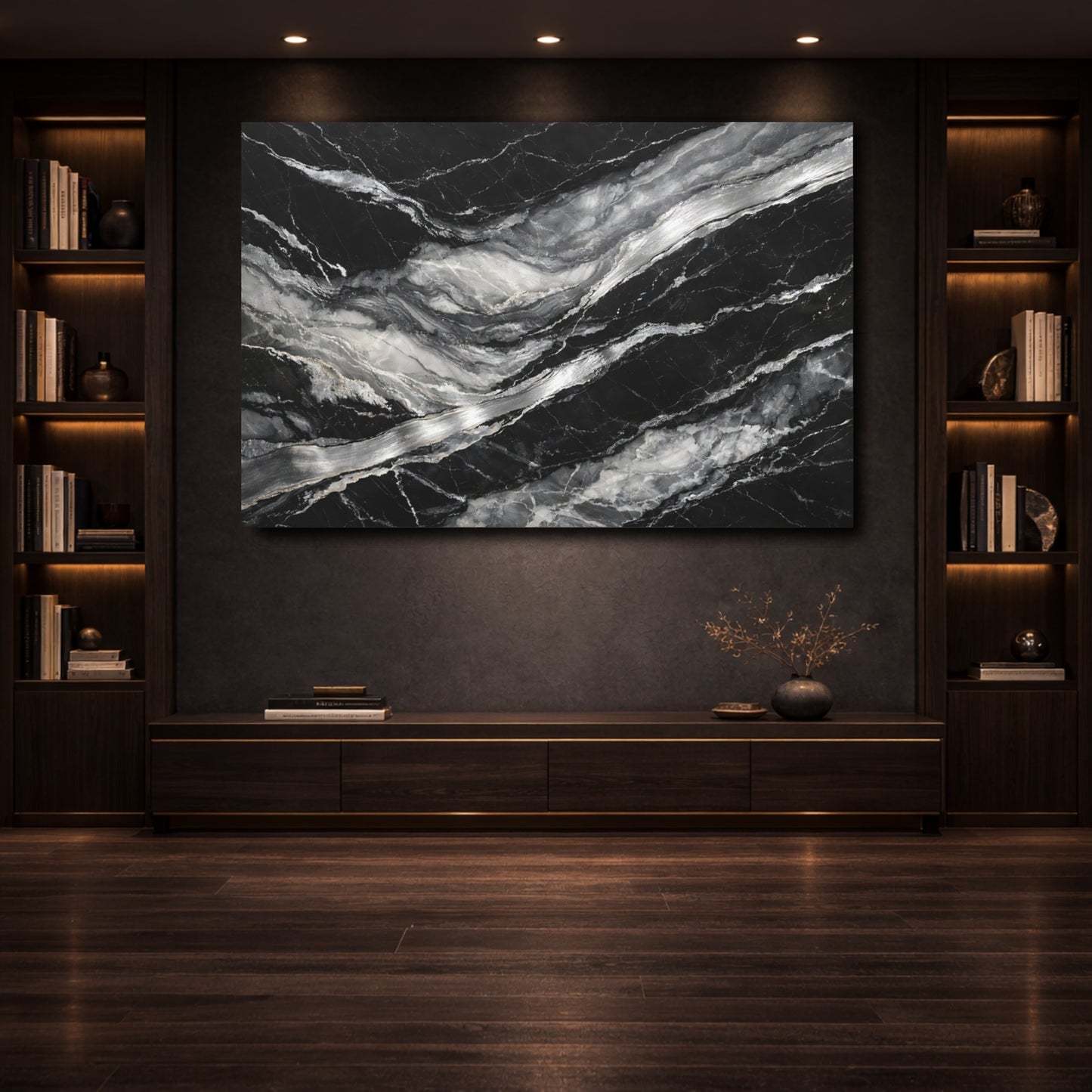 Mockup 3. Nature Marble Black And White Marble shown as stretched canvas wall art