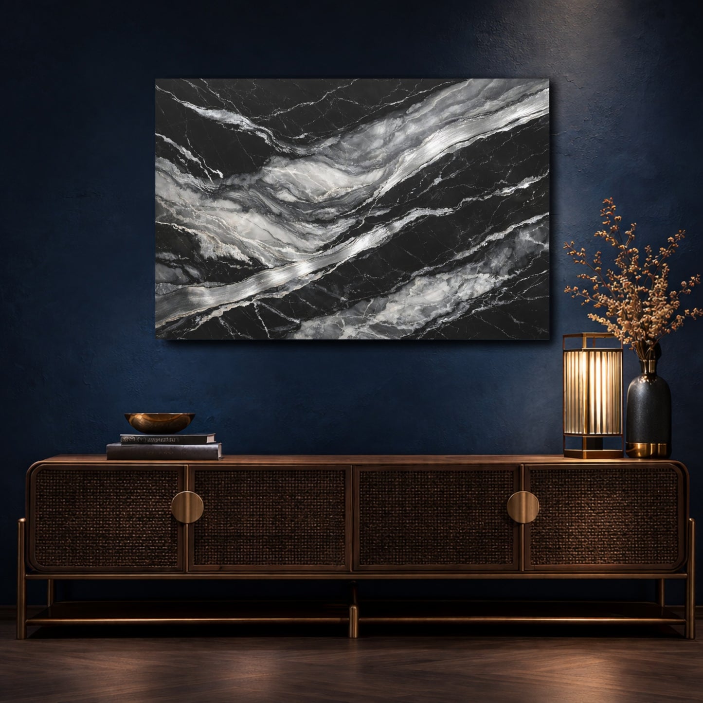 Mockup 4. Nature Marble Black And White Marble shown as stretched canvas wall art