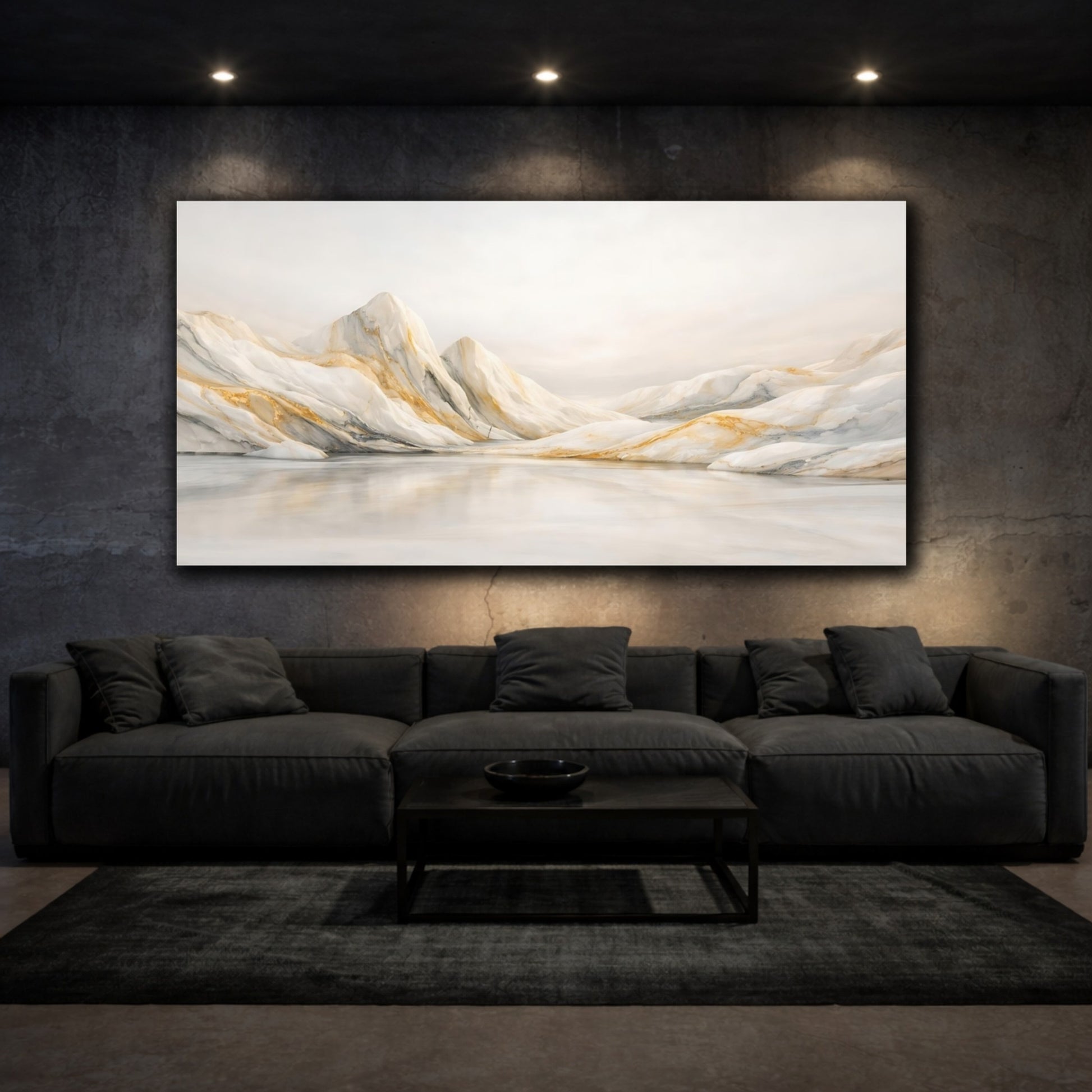 Mockup 2. Nature Marble Mountains White Gold Mountains shown as stretched canvas wall art