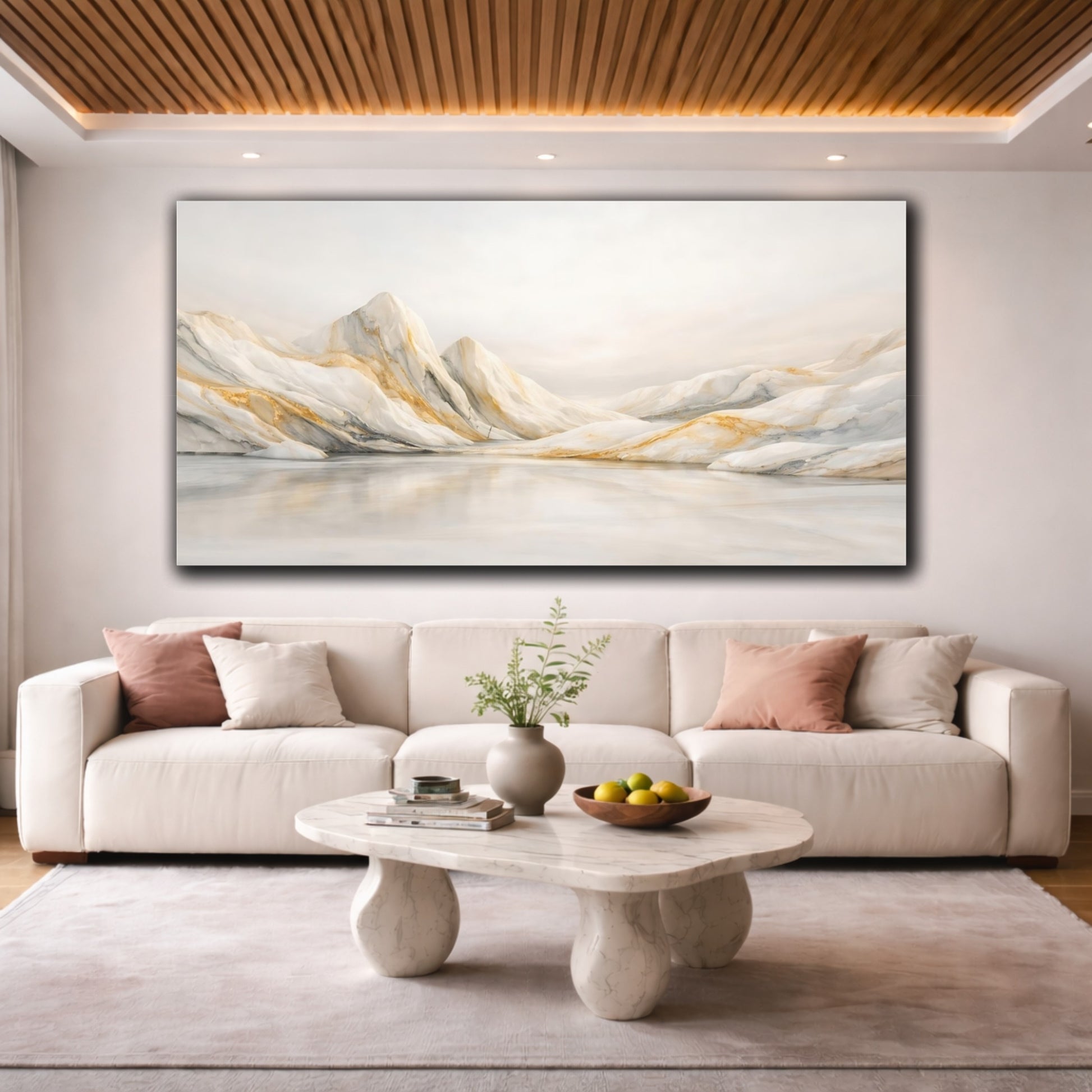 Mockup 3. Nature Marble Mountains White Gold Mountains shown as stretched canvas wall art