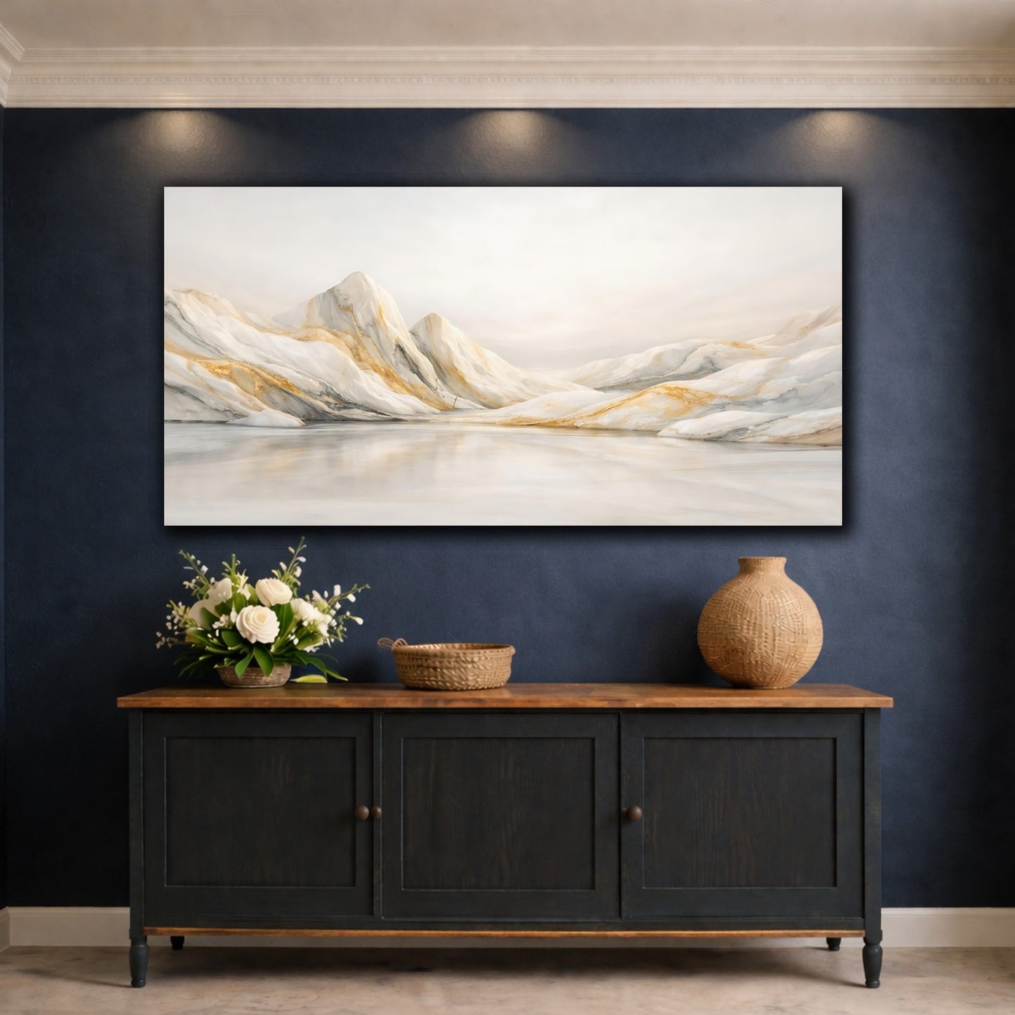 Mockup 4. Nature Marble Mountains White Gold Mountains shown as stretched canvas wall art