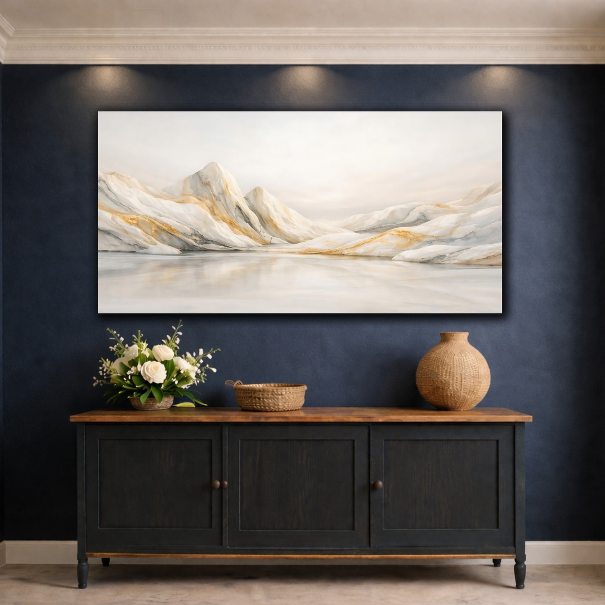 Mockup 4. Nature Marble Mountains White Gold Mountains shown as stretched canvas wall art
