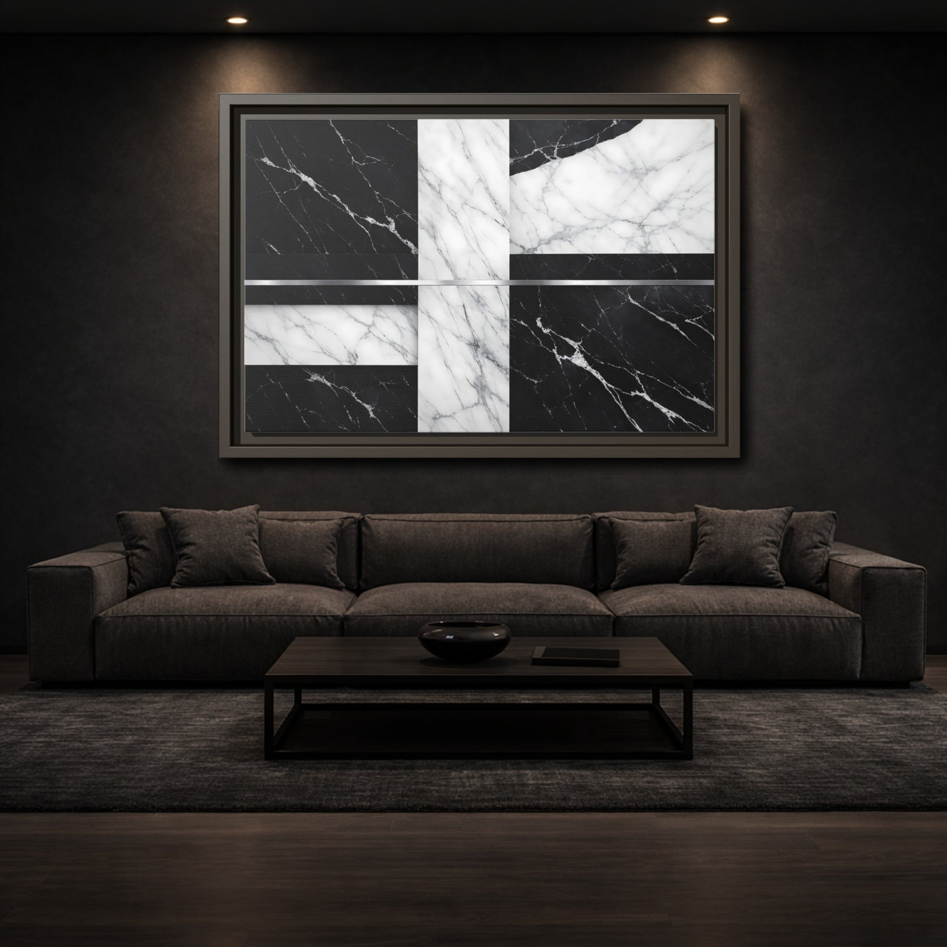 Mockup 2. Nature Marble Pattern Black And White Marble shown as stretched canvas wall art