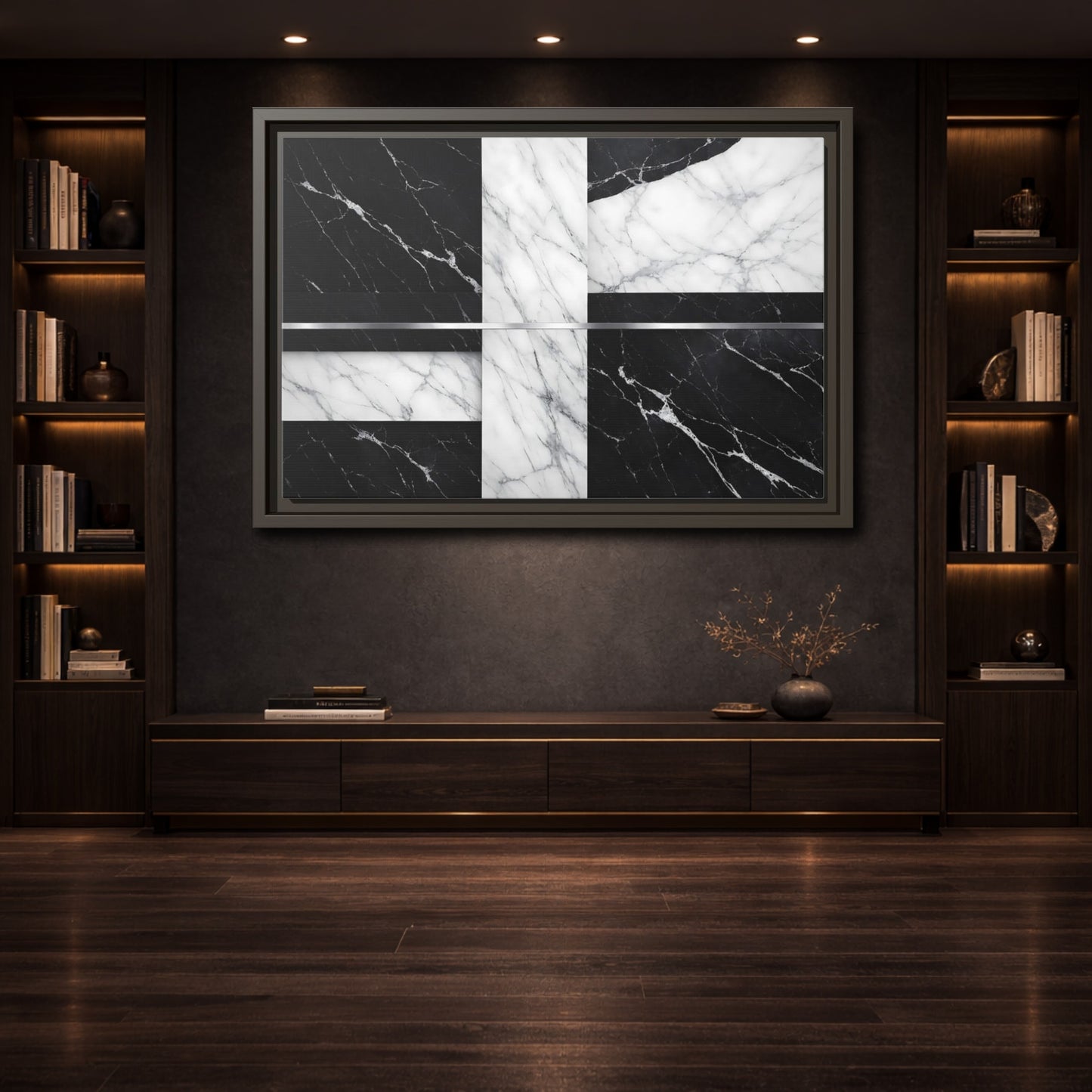 Mockup 3. Nature Marble Pattern Black And White Marble shown as stretched canvas wall art