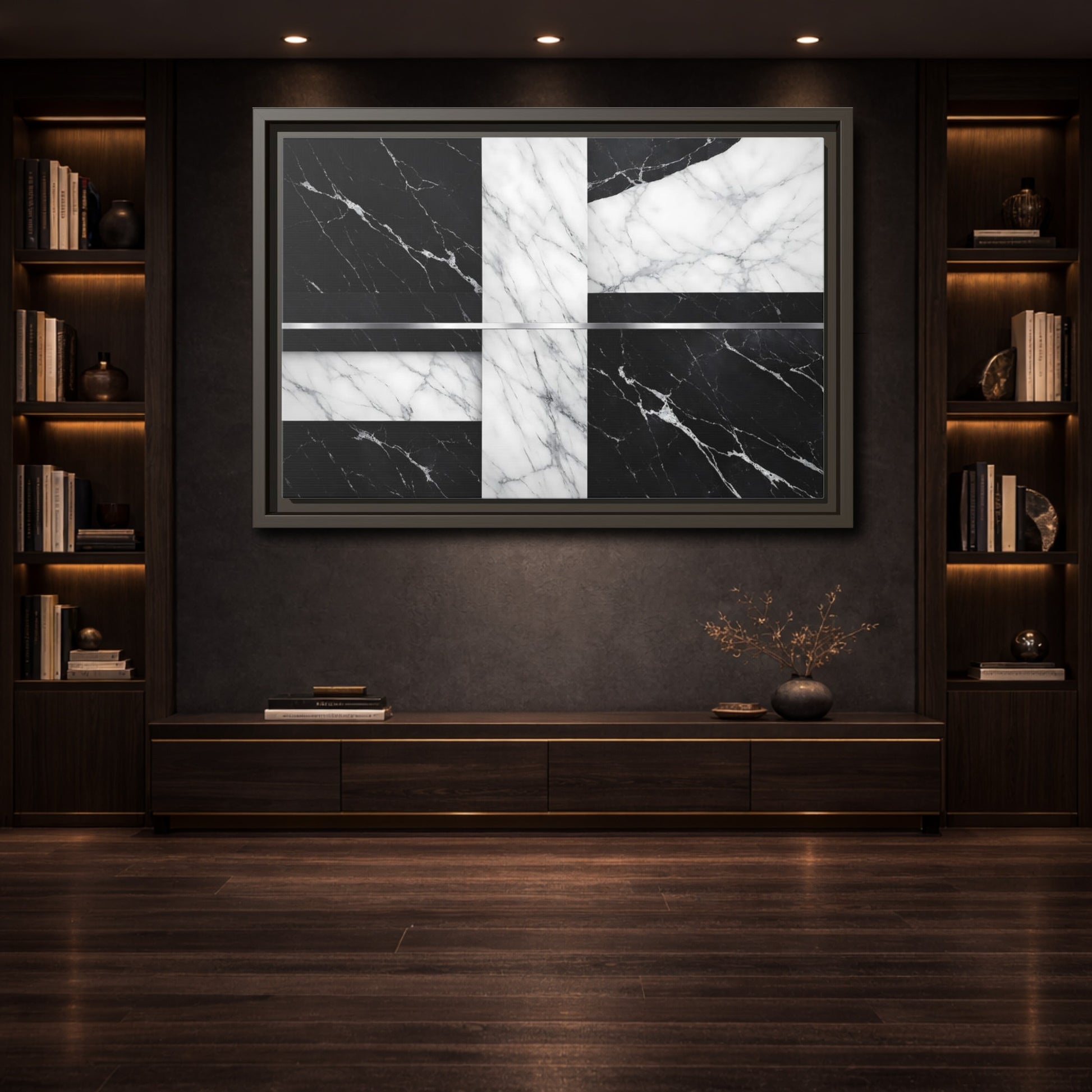 Mockup 3. Nature Marble Pattern Black And White Marble shown as stretched canvas wall art