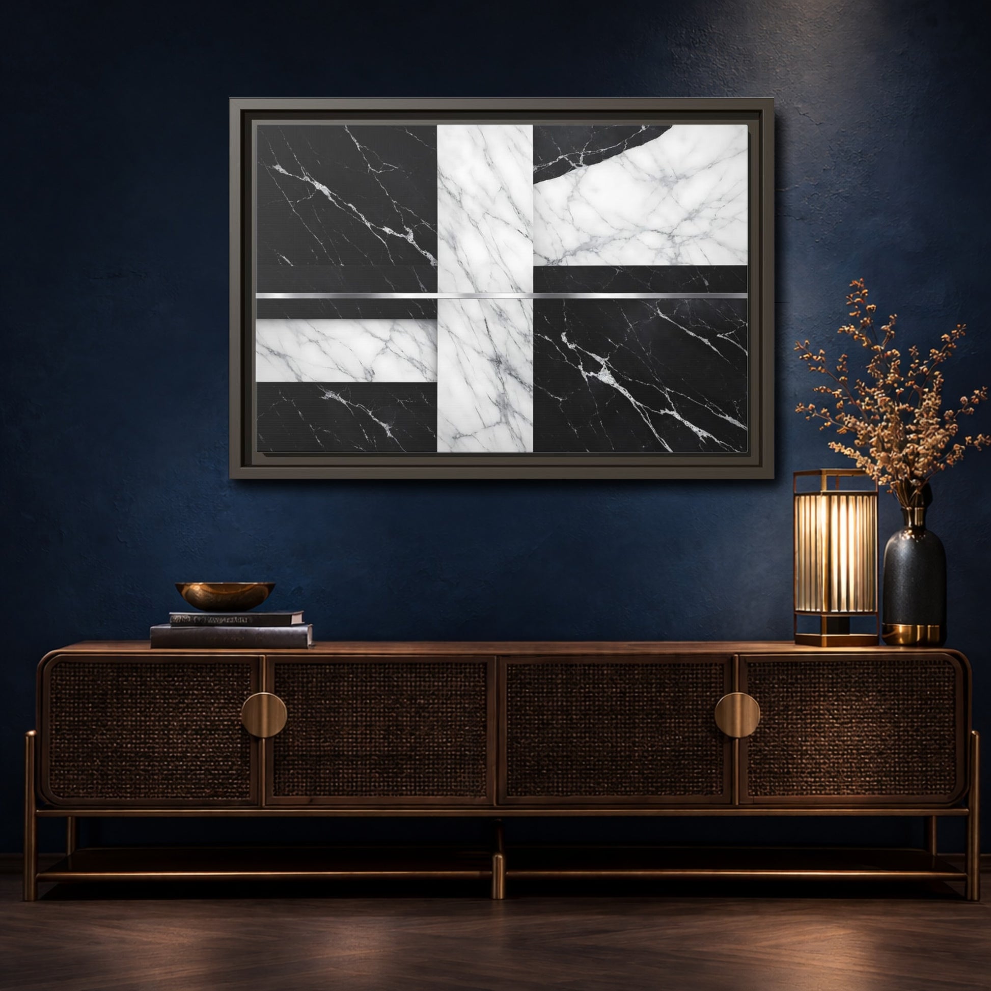 Mockup 4. Nature Marble Pattern Black And White Marble shown as stretched canvas wall art