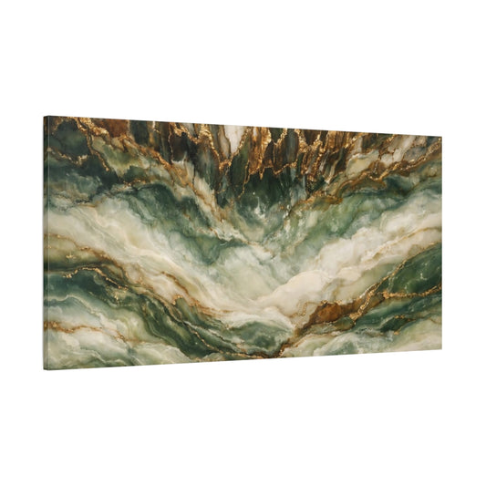 Main Mockup. Nature Marble Texture Green Gold Marble shown as stretched canvas wall art