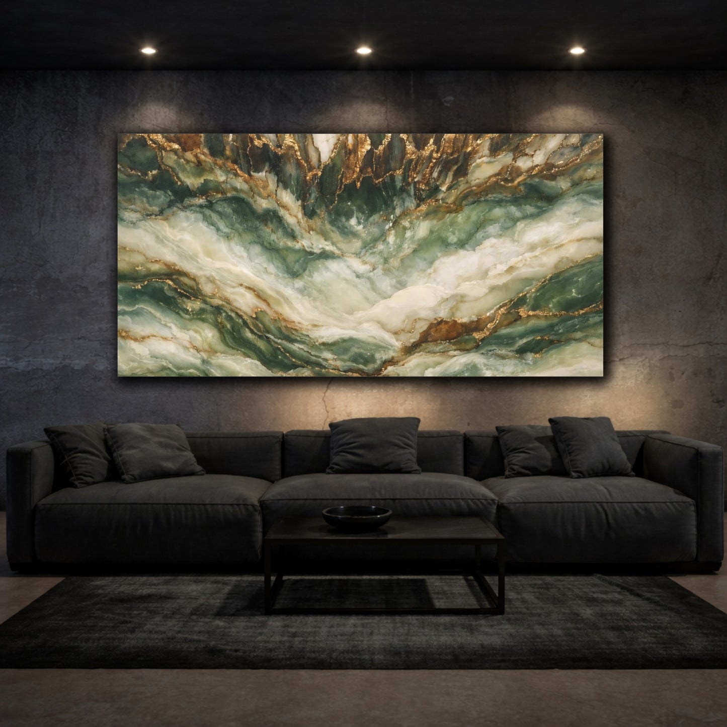 Mockup 2. Nature Marble Texture Green Gold Marble shown as stretched canvas wall art