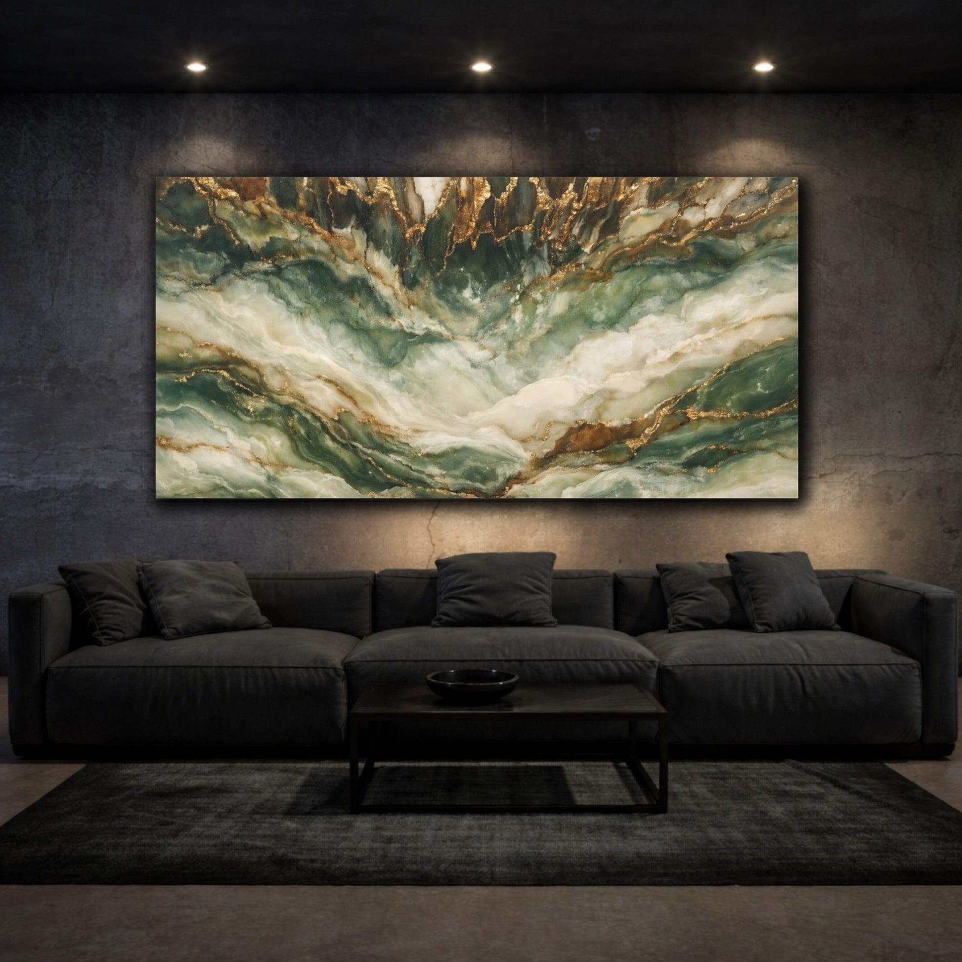 Mockup 2. Nature Marble Texture Green Gold Marble shown as stretched canvas wall art