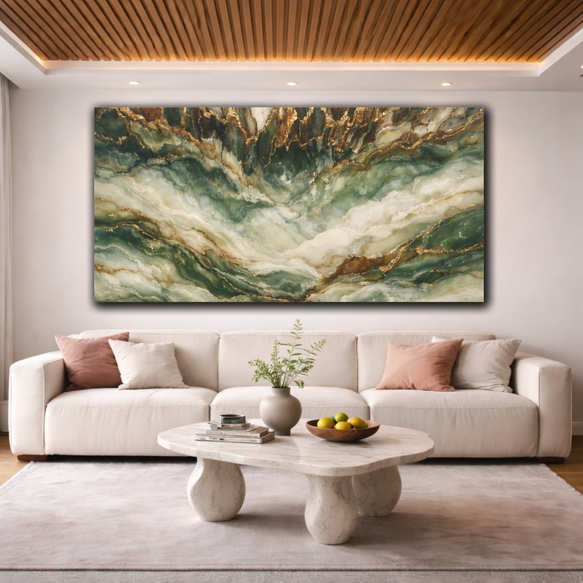 Mockup 3. Nature Marble Texture Green Gold Marble shown as stretched canvas wall art