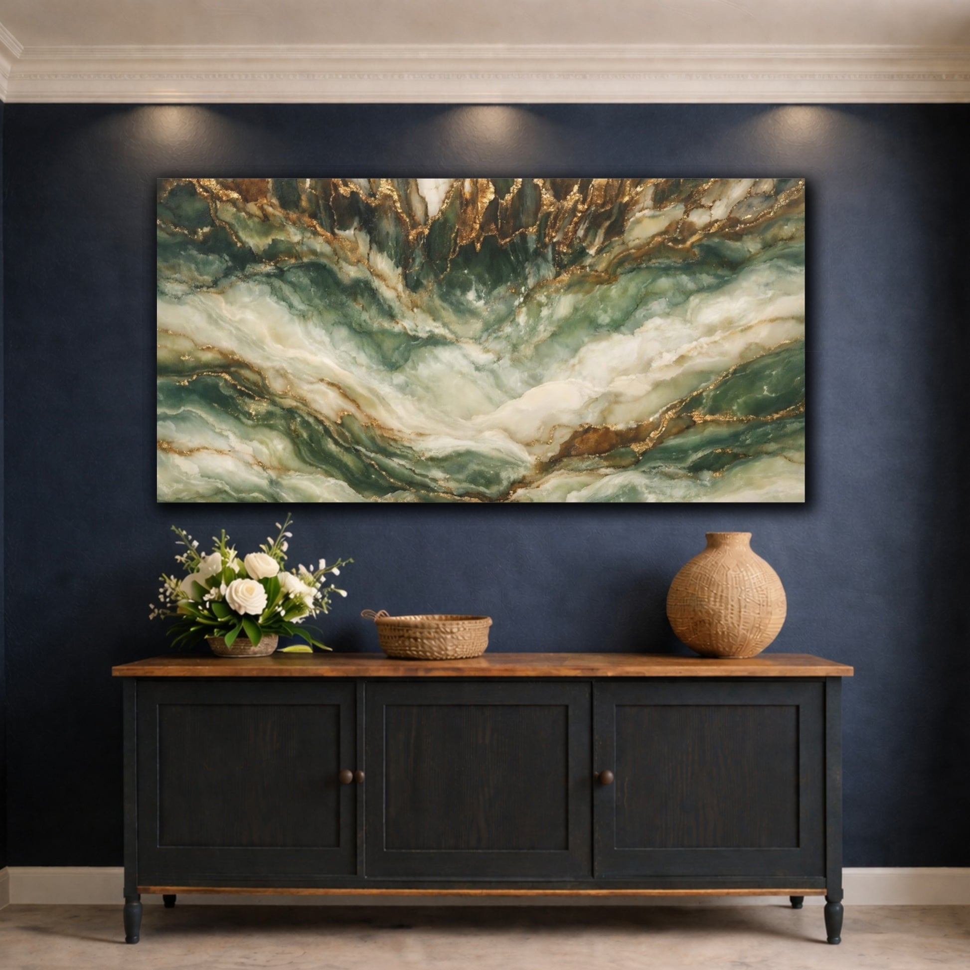 Mockup 4. Nature Marble Texture Green Gold Marble shown as stretched canvas wall art