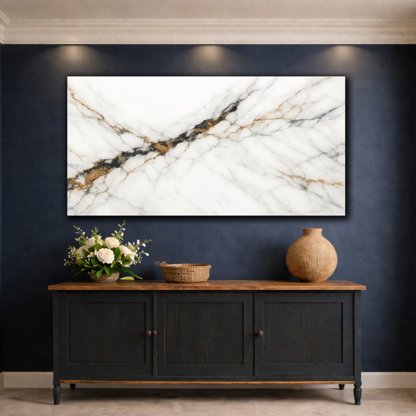 Mockup 4. Nature Marble White Gold Black Marble shown as stretched canvas wall art