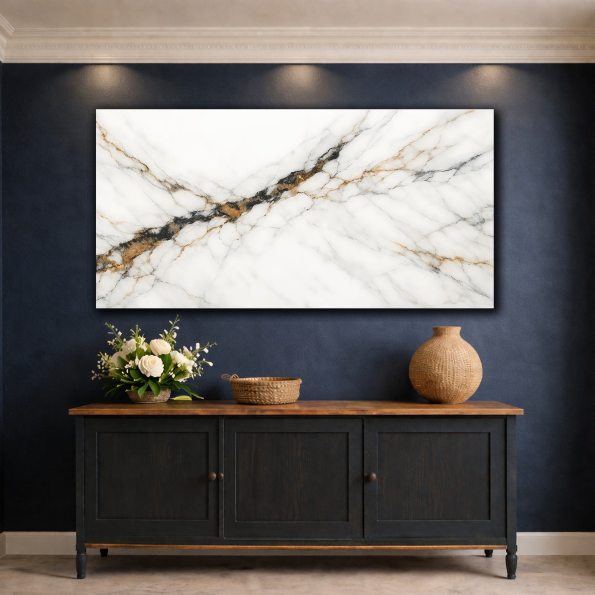 Mockup 4. Nature Marble White Gold Black Marble shown as stretched canvas wall art