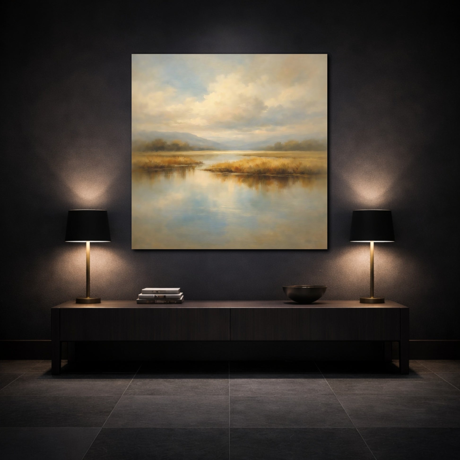 Mockup 3. Nature Marsh Landscape Misty Marsh shown as stretched canvas wall art
