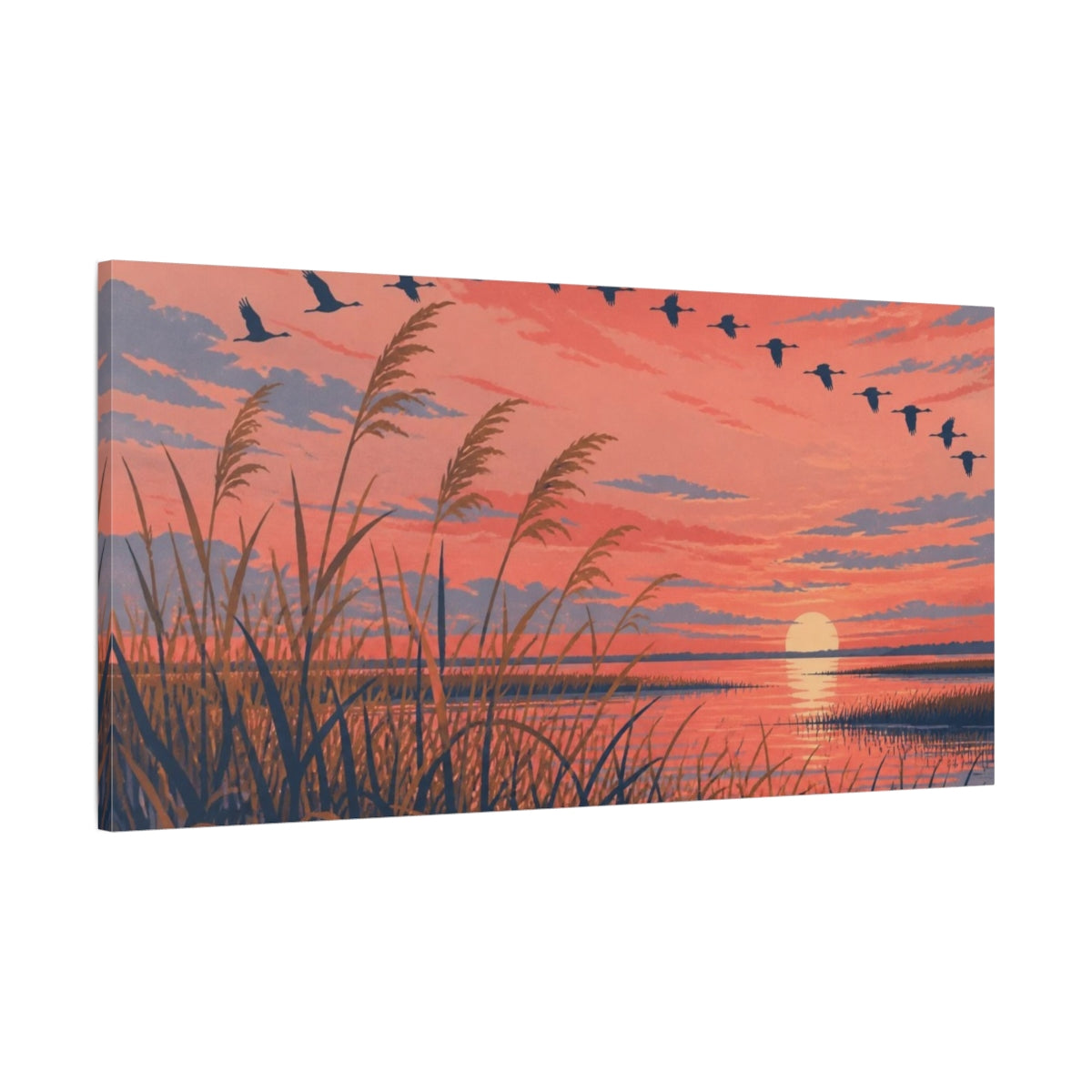 Main Mockup. Nature Marsh Reeds At Sunset shown as canvas print