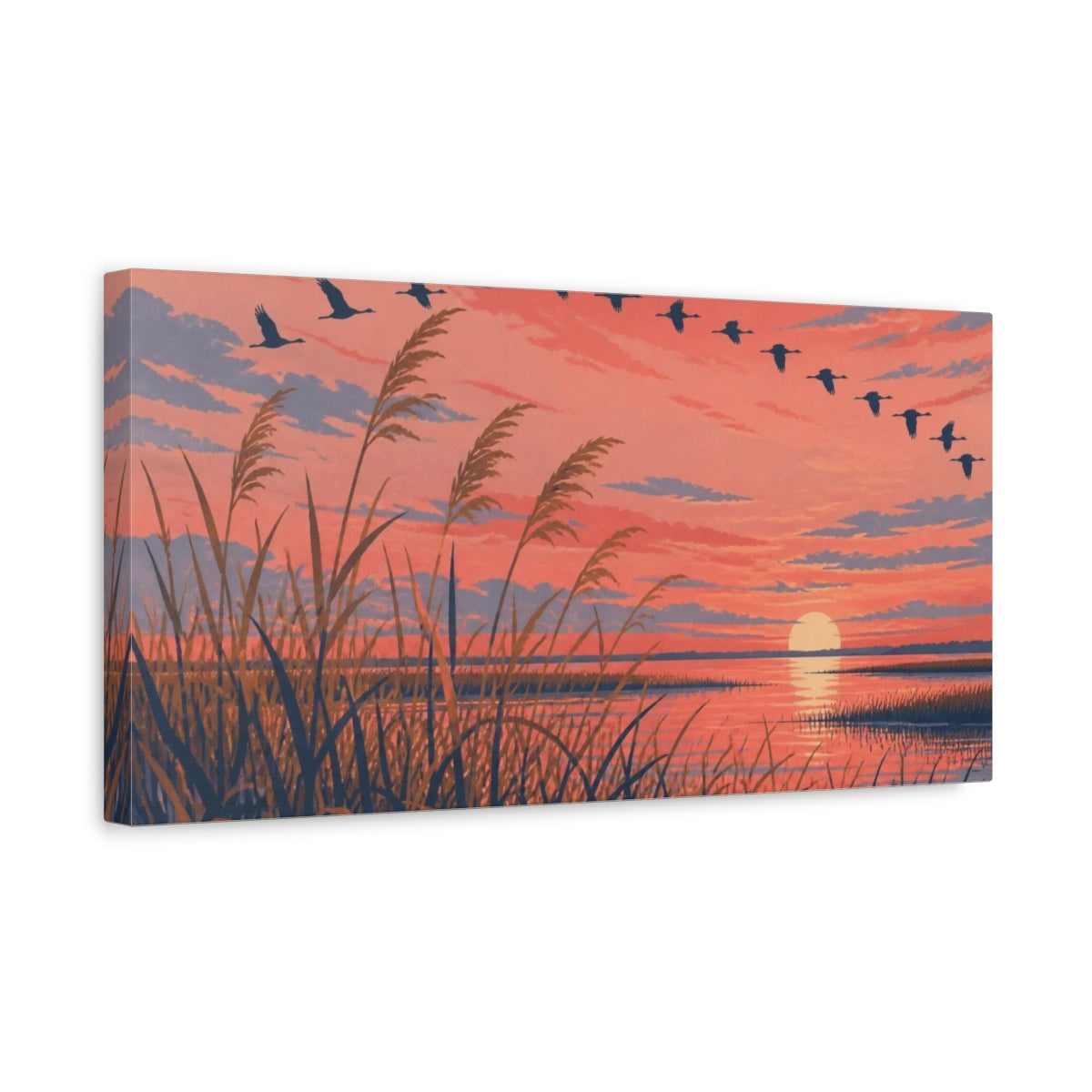 Side Mockup 3. Nature Marsh Reeds At Sunset shown as canvas print