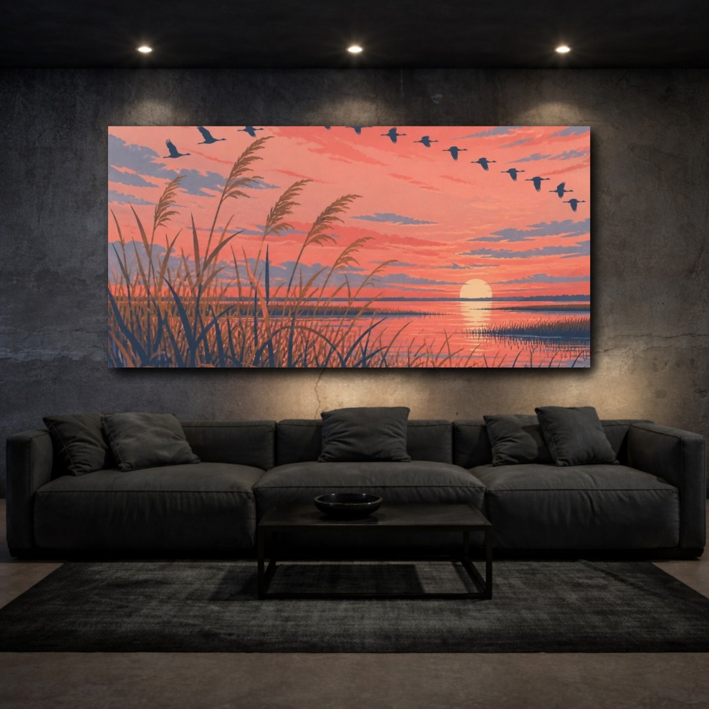 Mockup 3. Nature Marsh Reeds At Sunset shown as canvas print