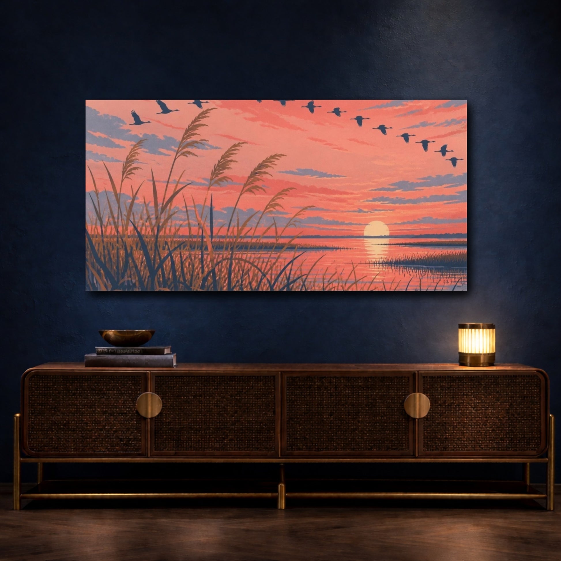 Mockup 4. Nature Marsh Reeds At Sunset shown as canvas print