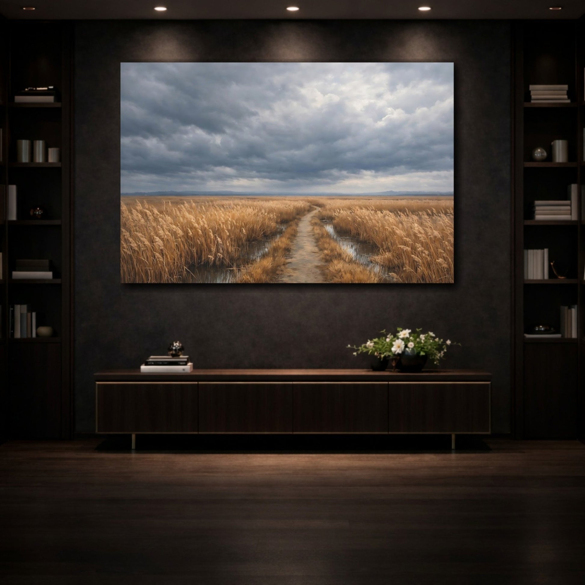 Nature Marshland Path Golden Reeds Landscape - Canvas Wall Art Print - YesArtYes