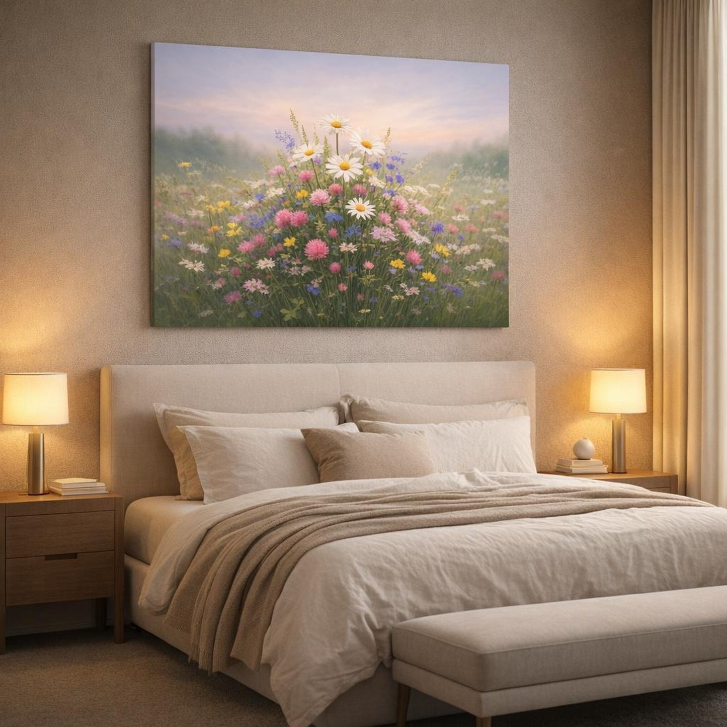 Nature Meadow Flowers shown as canvas wall art in a luxury bedroom