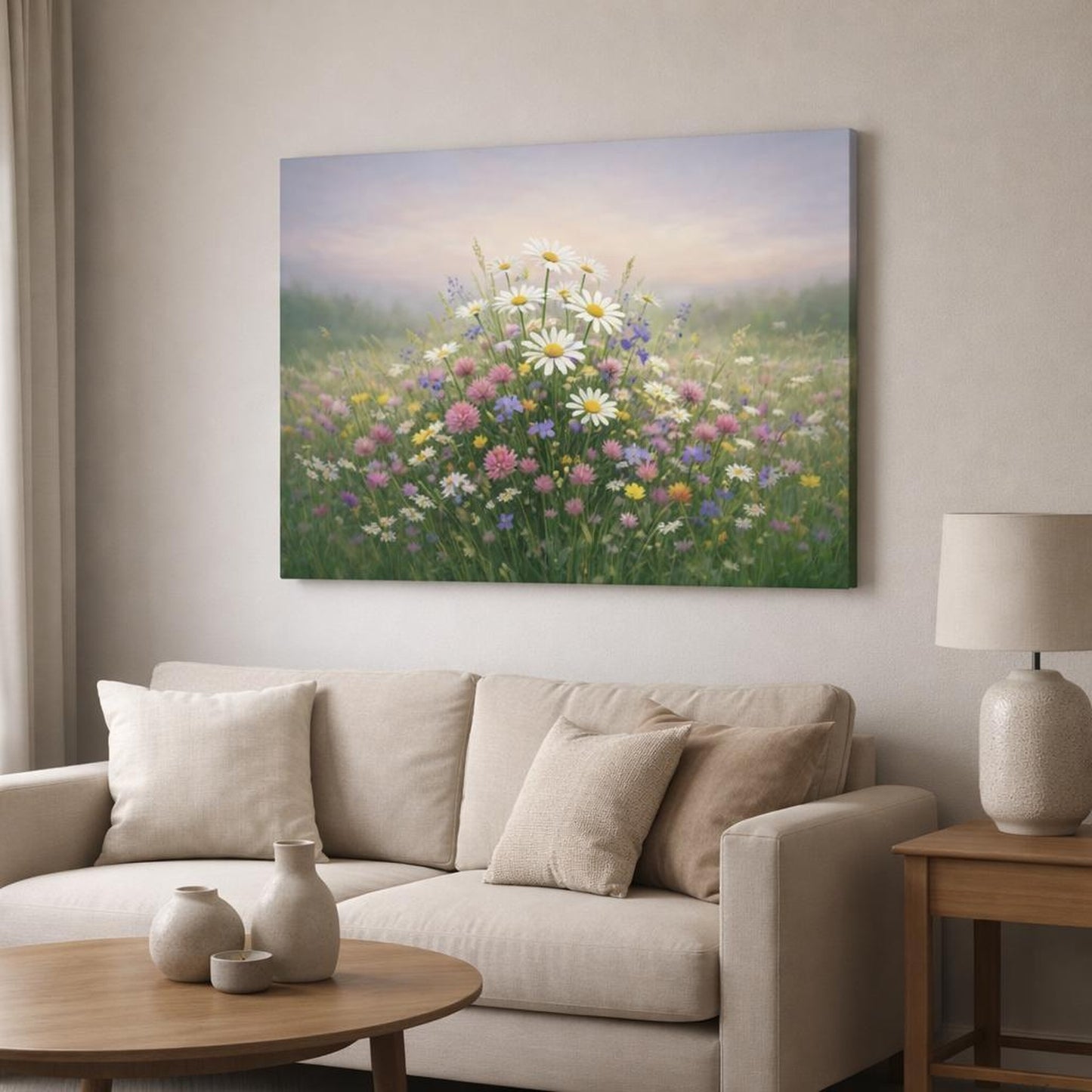 Nature Meadow Flowers shown as canvas wall art in a modern living room