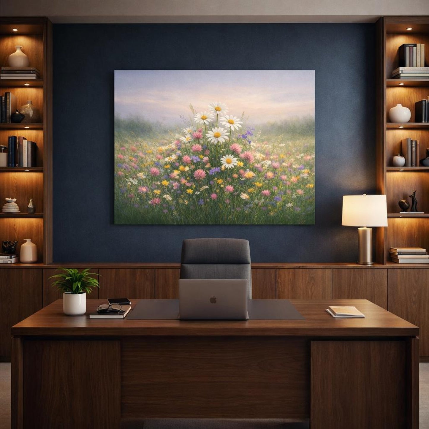 Nature Meadow Flowers shown as canvas wall art in a refined dining room