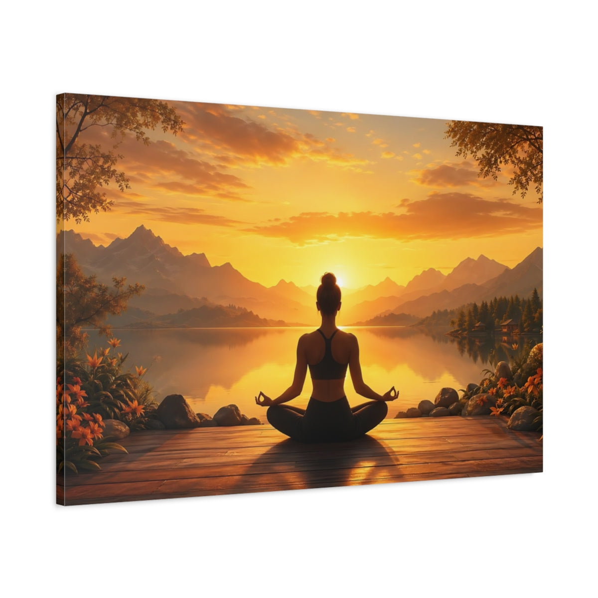 Main Mockup. Nature Meditating Woman Orange Sunset Meditation shown as stretched canvas wall art