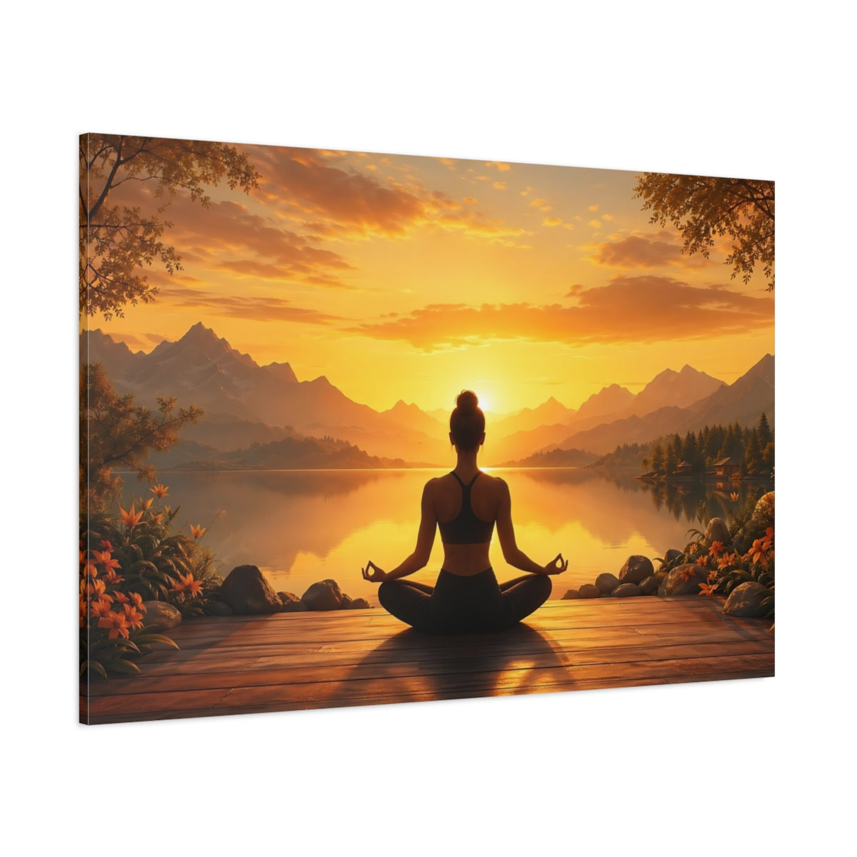 Side Mockup 1. Nature Meditating Woman Orange Sunset Meditation shown as stretched canvas wall art