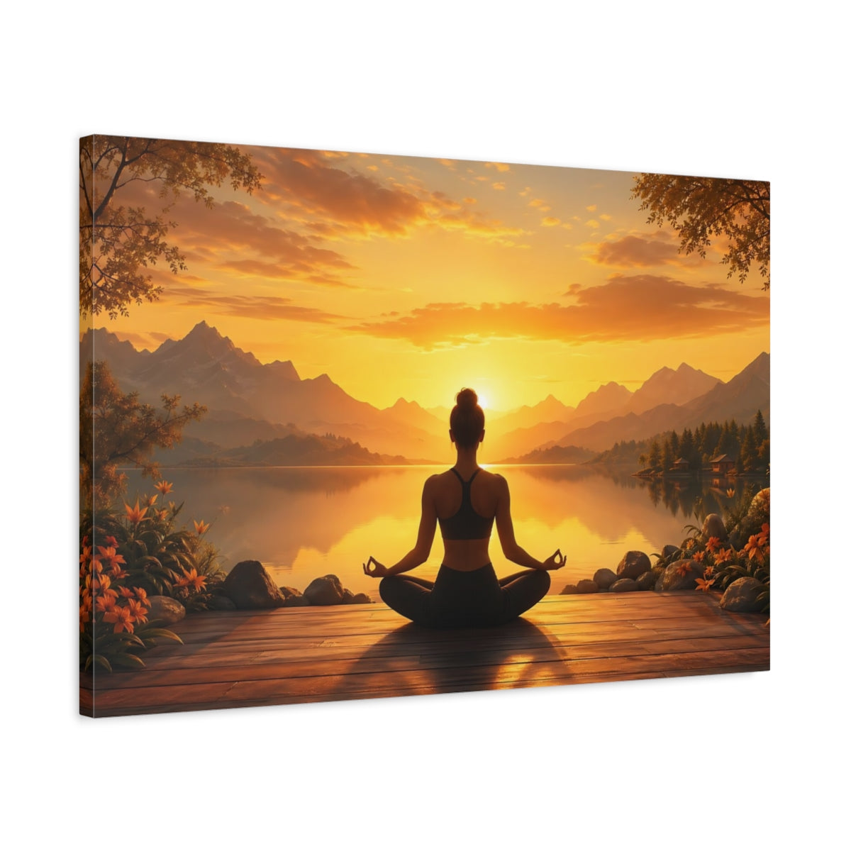Side Mockup 2. Nature Meditating Woman Orange Sunset Meditation shown as stretched canvas wall art
