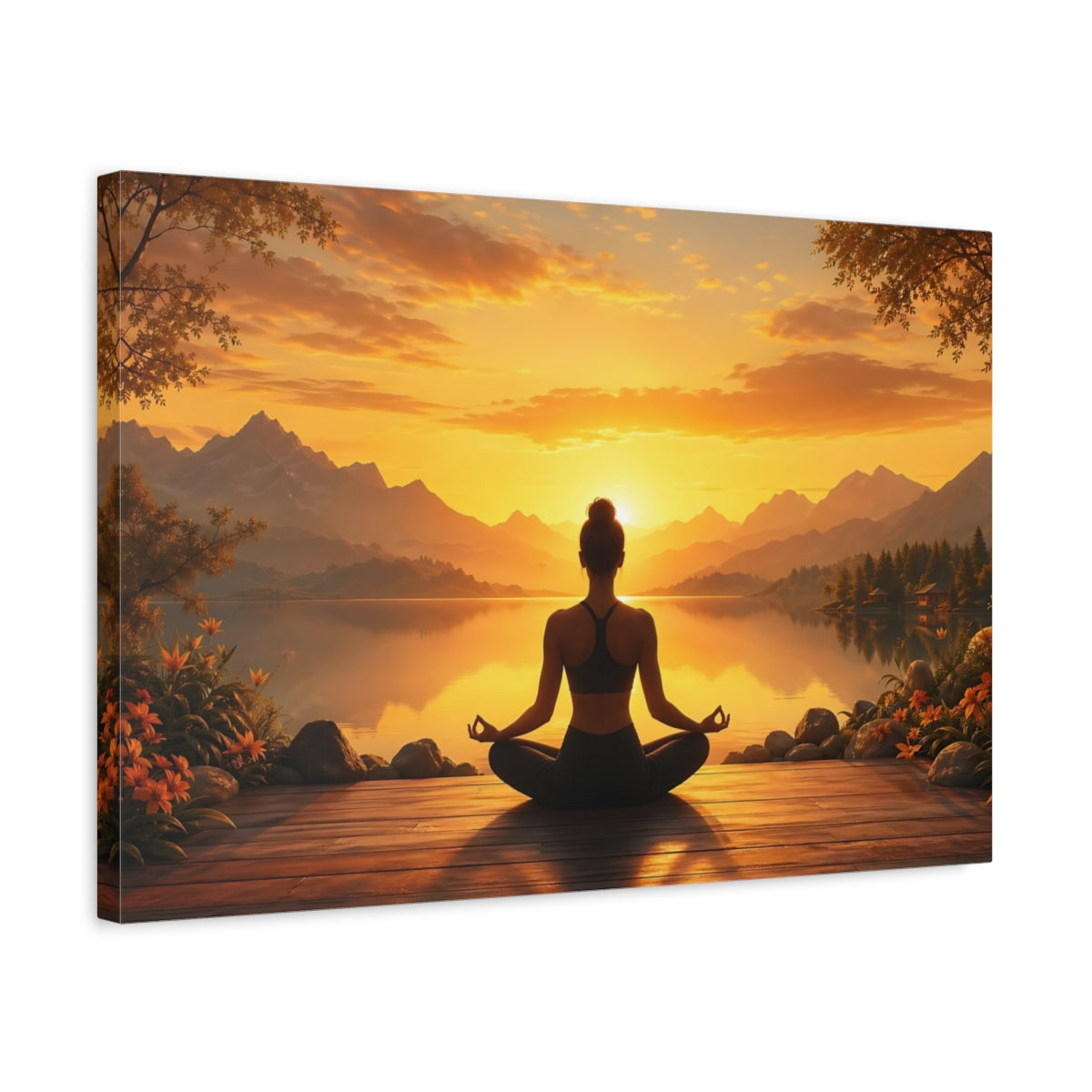 Side Mockup 3. Nature Meditating Woman Orange Sunset Meditation shown as stretched canvas wall art