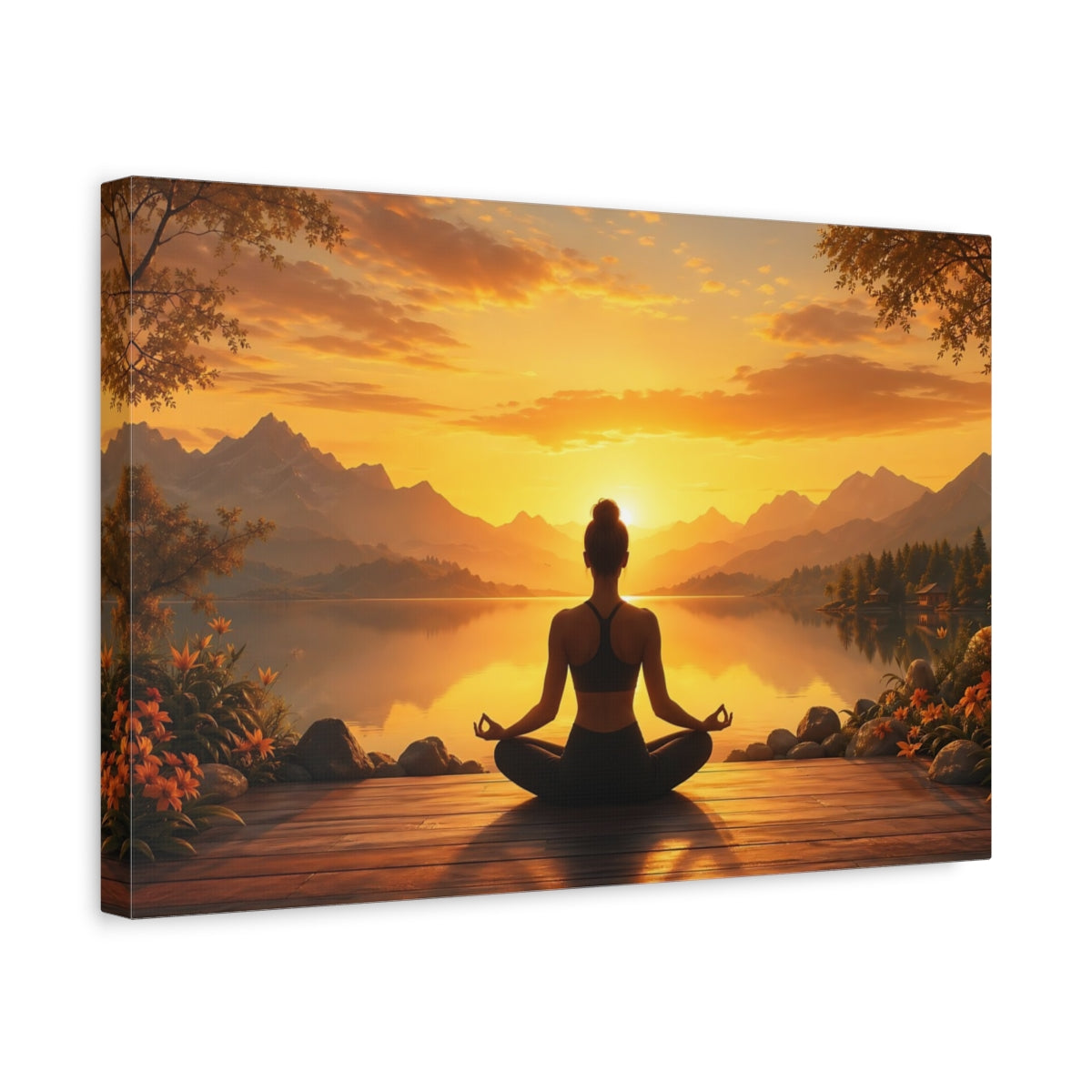 Side Mockup 4. Nature Meditating Woman Orange Sunset Meditation shown as stretched canvas wall art